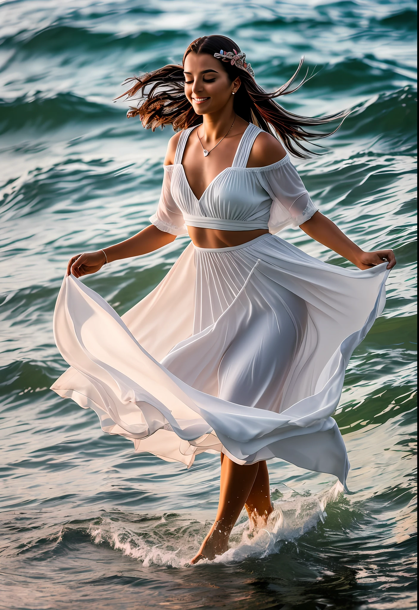 a full body woman dancing in the sea, shot with Sony Alpha a9 II and Sony FE 200-600mm f/5.6-6.3 G OSS lens, natural ligh, hyper realistic photograph, ultra detailed –ar 3:2 –q 2 –s 750 --auto --s2