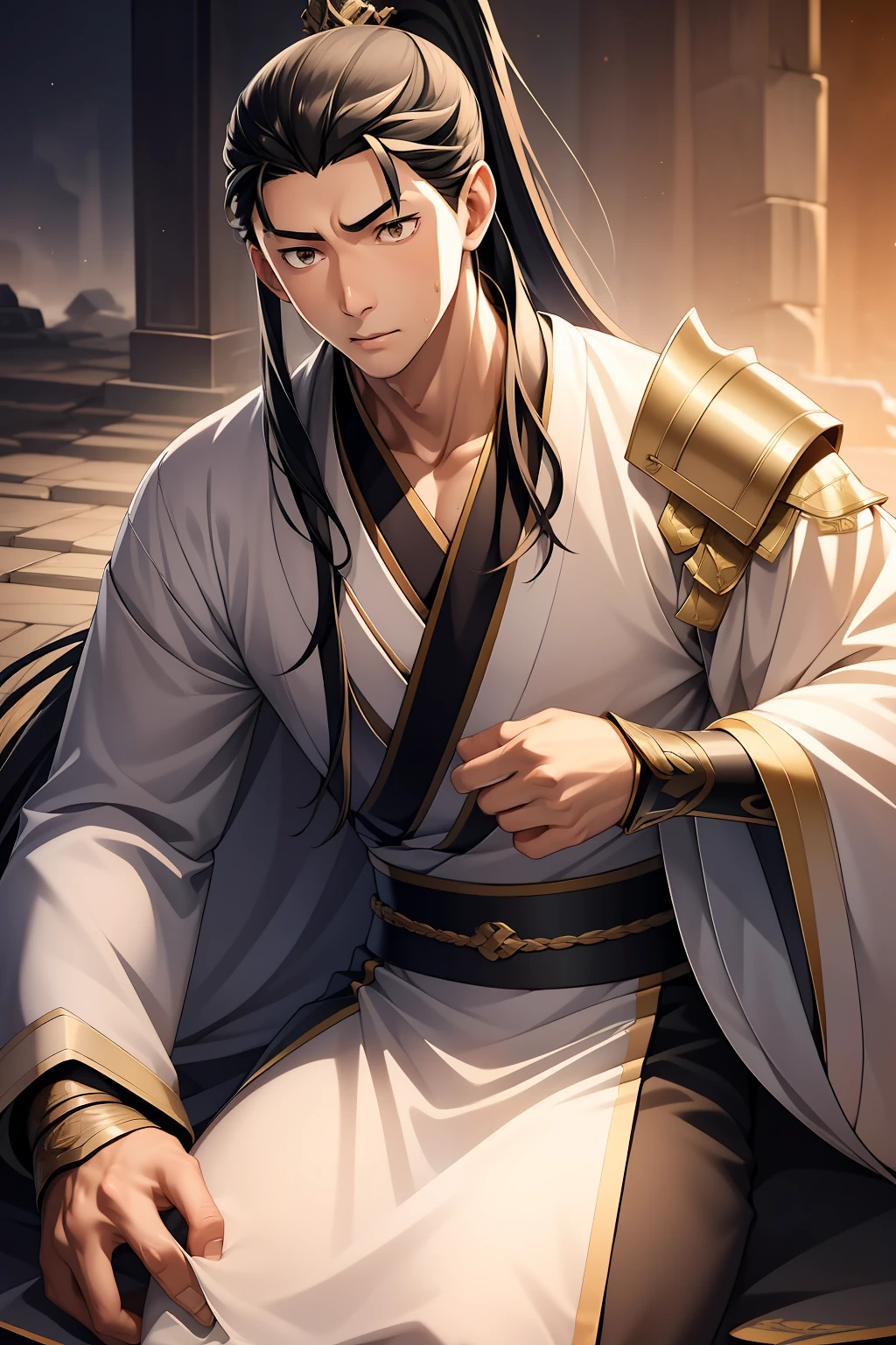 quadratic element，style of anime，mtu（Male Warrior），The proportions are correct，Face details，swordsmen，High ponytail hairstyle，Neck details，There is an Adam's apple，Golden Hanfu，kaftan，Embroidered robes，Golden robes，clothes details，Handing over，longer sleeves，Game quality，Swordsmanship，Light and shadow tracking，Ray traching，detailed glow，cg render，hair detail，cabellos largos dorados，Golden eyes，Handsome，Handsome，（juvenile sense），Clothing is complicated，Perfectcomposition，Refinement，high qulity，higher details，Lots of details，The background is complex，a sense of atmosphere，