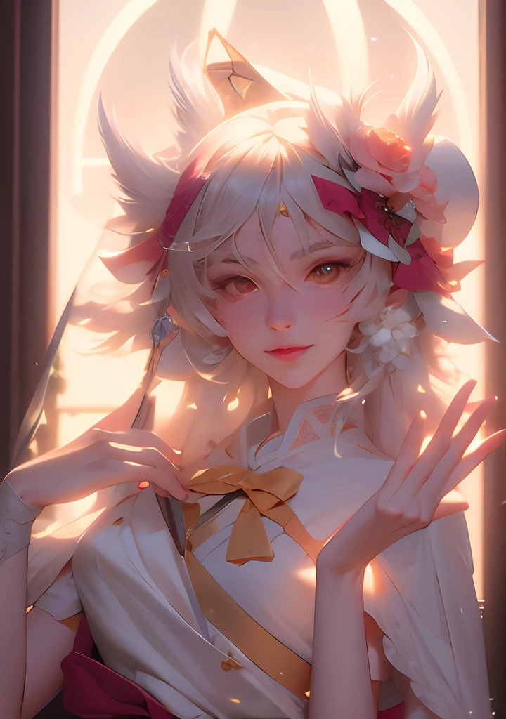anime girl with a flower crown and a bow tie, detailed fanart, yandere intricate, delicate androgynous prince, korean art nouveau anime, loli, inspired by Bian Shoumin, ((wearing aristocrat robe)), highly detailed exquisite fanart, zerochan art, beautiful androgynous prince, nagito komaeda, zerochan, from touhou, lowres,exquisite digital illustration, detailed digital drawing,digital anime illustration, a beautiful artwork illustration, detailed matte fantasy portrait, beautiful line art, great digital art with details, goddess. extremely high detail, 4k detailed digital art, stunning digital illustration, digital fantasy illustration,((Best quality)), ((masterpiece)), (detailed:1.4), 3D, an image of a beautiful female,HDR (High Dynamic Range),Ray Tracing,NVIDIA RTX,Super-Resolution,Unreal 5,Subsurface scattering,PBR Texturing,Post-processing,Anisotropic Filtering,Depth-of-field,Maximum clarity and sharpness,Multi-layered textures,Albedo and Specular maps,Surface shading,Accurate simulation of light-material interaction,Perfect proportions,Octane Render, Two-tone lighting,Wide aperture,Low ISO,White balance,Rule of thirds,8K RAW,subsurface scattering, best ratio of four fingers and one thumb