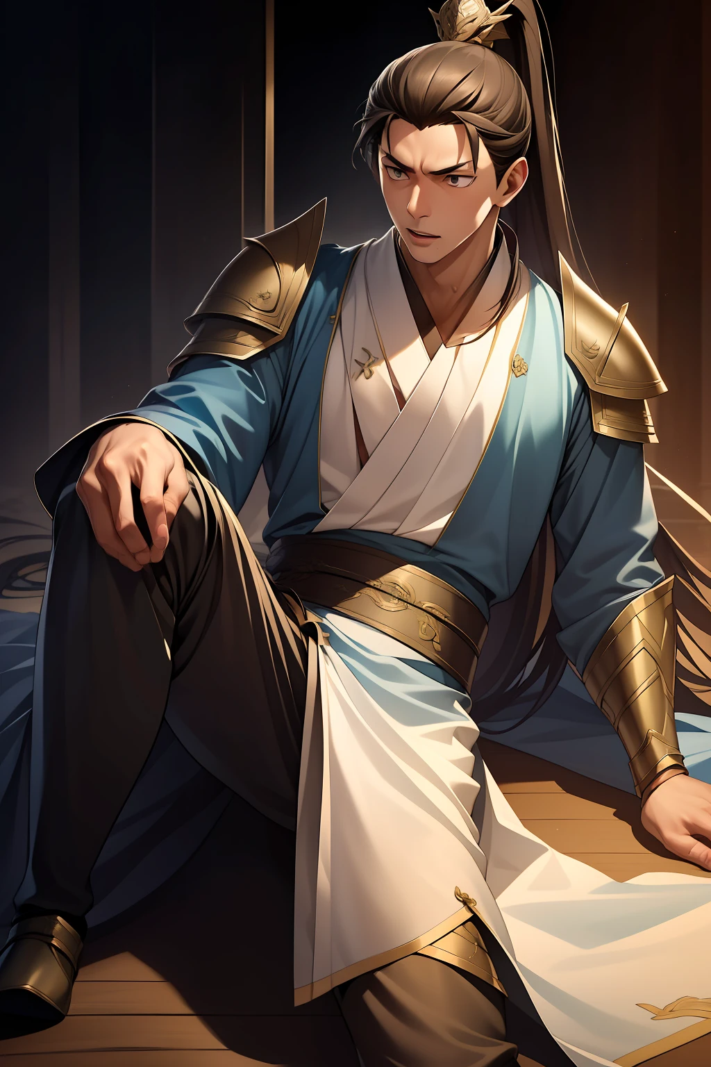 quadratic element,style of anime,mtu(Male Warrior),The proportions are correct,Face details,swordsmen,High ponytail hairstyle,Neck details,There is an Adam's apple,Golden Hanfu,kaftan,Embroidered robes,Golden robes,clothes details,Handing over,longer sleeves,Game quality,Swordsmanship,Light and shadow tracking,Ray traching,detailed glow,cg render,hair detail,cabellos largos dorados,Golden eyes,Handsome,Handsome,(juvenile sense),Clothing is complicated,Perfectcomposition,Refinement,high qulity,higher details,Lots of details,The background is complex,a sense of atmosphere,