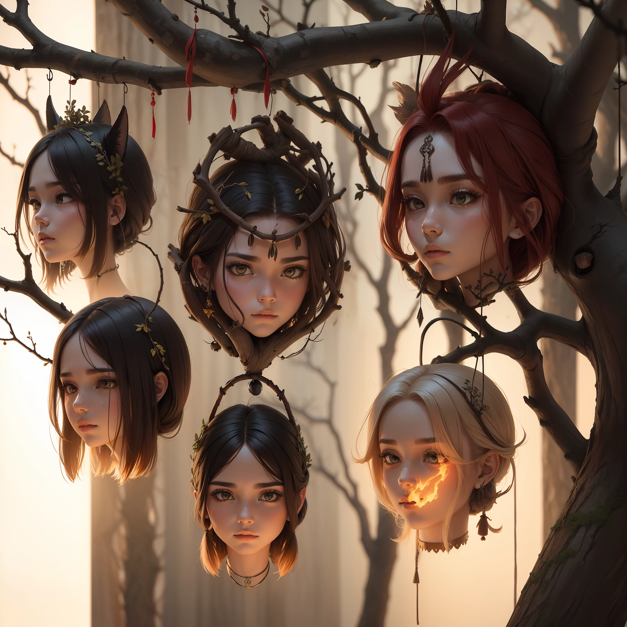 1 ancient ent muitos ramos ((((heads hanging from branches)))), ent do inferno, fantasia sombria,