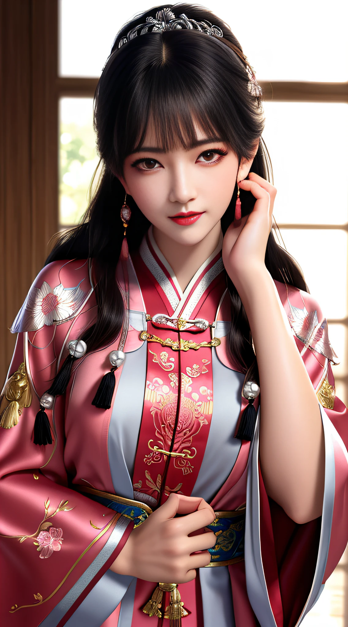 Masterpiece, upper body, 1 girl, mature woman, chinoiserie, ancient china, sister, twisted braid, curly hair, double ball head, pale pink lips, calm, intellectual, red eyes, tassels, silver thread, beads, peony flowers, robes, cloak, silk skirt, embroidery, delicate face, face close-up, hand close-up, light clothes, beautiful face, realistic, edge lighting, two-tone lighting, (high detail skin: 1.2), 8k uhd, DSLR, soft light, high quality, volumetric lighting, photo, high resolution, 4k, 8k, 8k, Background bokeh