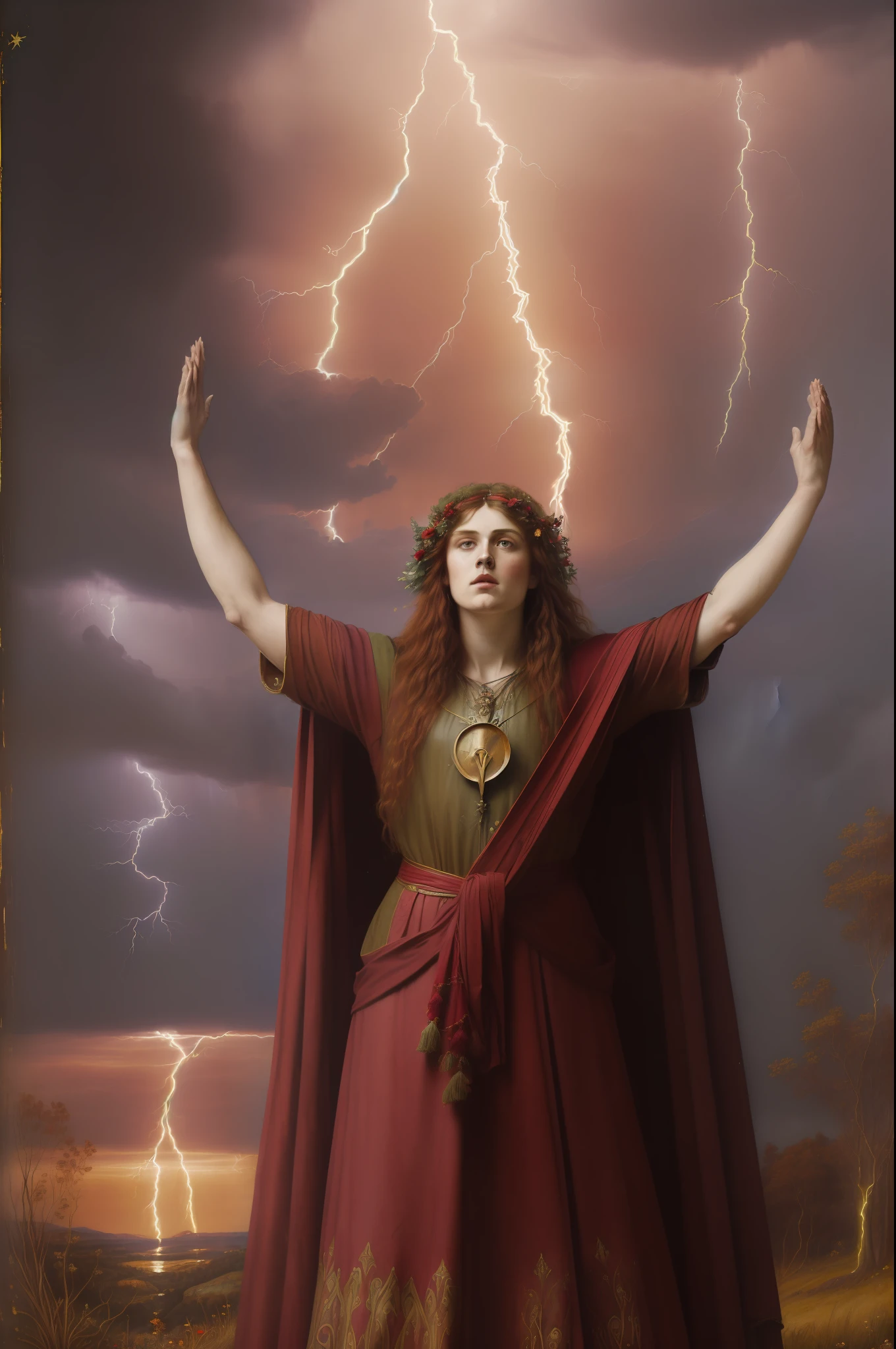 ((( Pre-Raphaelite painting of a druid in worship with arms raised, vestes vermelhas, Lightning crosses the sky, abrunheiro-bravo, predominance of red tones))) paisagem celta, clouds and mist