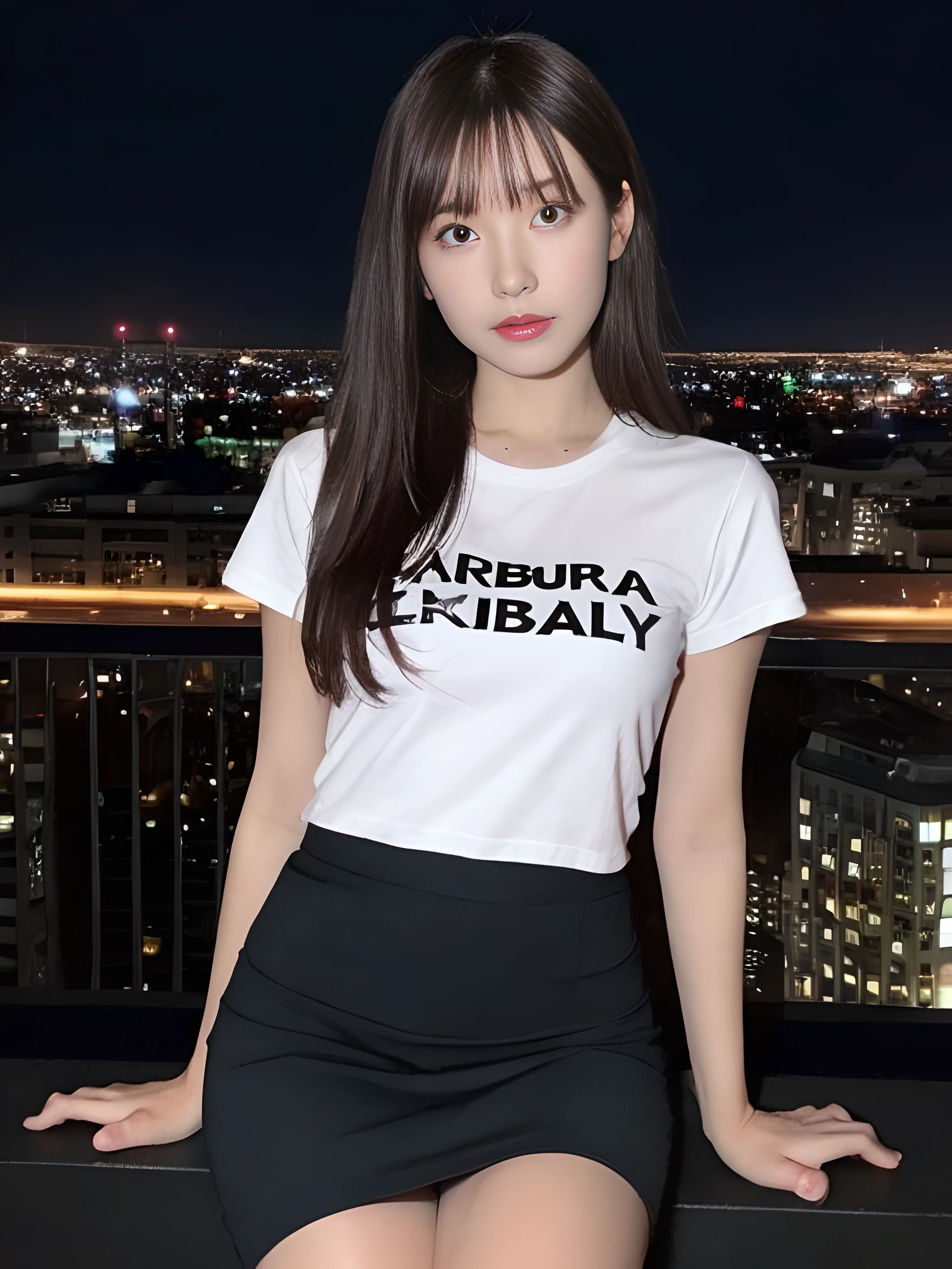 ((midynight, Acura, 8K, tmasterpiece: 1.3)), full bodyesbian, long leges, Focalors: 1.2, perfect figure beautiful woman: 1.4, Slim abs: 1.1, (dark brown hair,: 1.2 )), (tight tshirt, short skirt,sitting on a stool: 1.2), (city night scene, the roof: 1.3)), Highly Detailed Face and Skin Textur, detailedeyes, 二重まぶた,