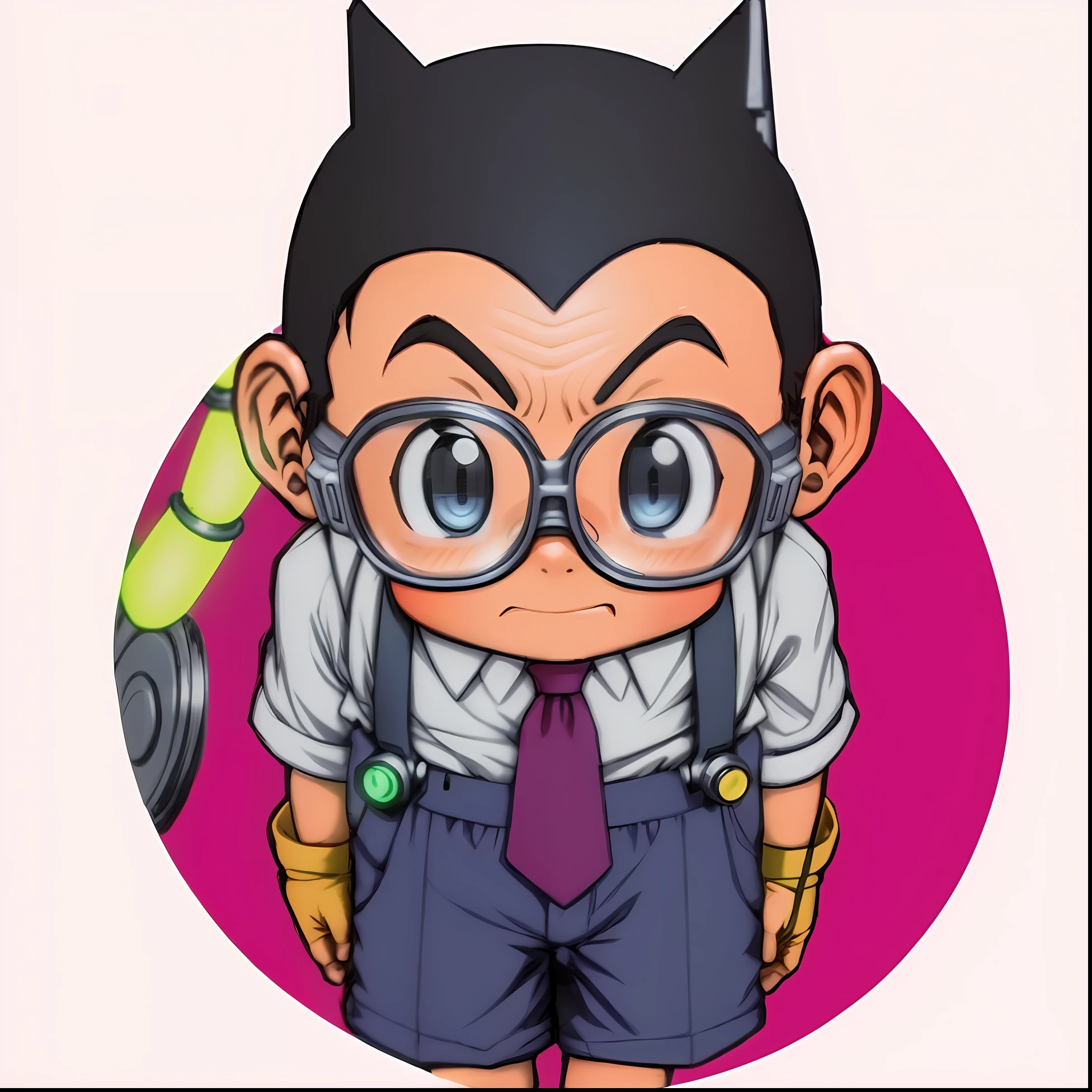 One wears glasses、Caricature of a boy with a tie and a cat hat, Akira Toriyama风格, Akari Toriyama, toriyama akira, Akira Toriyama 📹, inspired by Osamu Tezuka, akiyuki shinbo, tezuka osamu, author:Akira Toriyama, inspired by Akira Toriyama (Blind box toy style:1.2),(Full body photo),1 transparent cute boy,Luminous goggles:1.2,Dreamy glow,ren,white backgrounid,(globalillumination,Ray traching,HDR,Unrealistic rendering,Rational design,high detal,tmasterpiece,best qualtiy,hyper HD,cinmatic lighting)