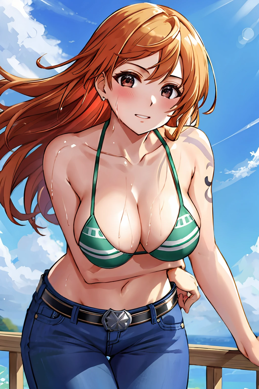detailed background, masterpiece, 4k, best quality, late youth, adult, wrestler body, 1girl, active, energic, uppercut, (large mouth) , solo, nami \(one piece\), 1girl, bangle, (very wet, drenched in sweat, sweat all over body, very wet hair, tired, taking breath, open mouth, hand on stomach, sweaty face, sweaty body, panting, sweating too much, shiny sweat, sweat stains, leaning forward, tilting, hands on knees, waving good bye), perfect detailed face, bold drawing lines, muscular arms, detailed bold arm lines, flat jaw, adult woman, wavy wide streaked bangs, floating bang streaks, (big cheeks), bare shoulders, off-shoulders, belt, bikini, bikini top only, blue sky, bracelet, springy breasts, breast lines, big round eyes, plain big brown shiny eyes, bubbles, high eye position, cleavage, cloud, day, denim, earrings, floating hair, shiny hair, green belt, green bikini, bold groin lines, jeans, jewelry, large breasts, log pose, long hair, looking at viewer, navel, wet hair, orange hair, pants, shoulder tattoo, sidelocks, sky, solo, standing, stomach, swimsuit, tattoo , looking at viewer, open mouth, detailed left arm, big forehead, hourglass figure, small head, toned body, wide hair, wind effect, sun effect, under the sun, narrow small ears angle, older, random poses,