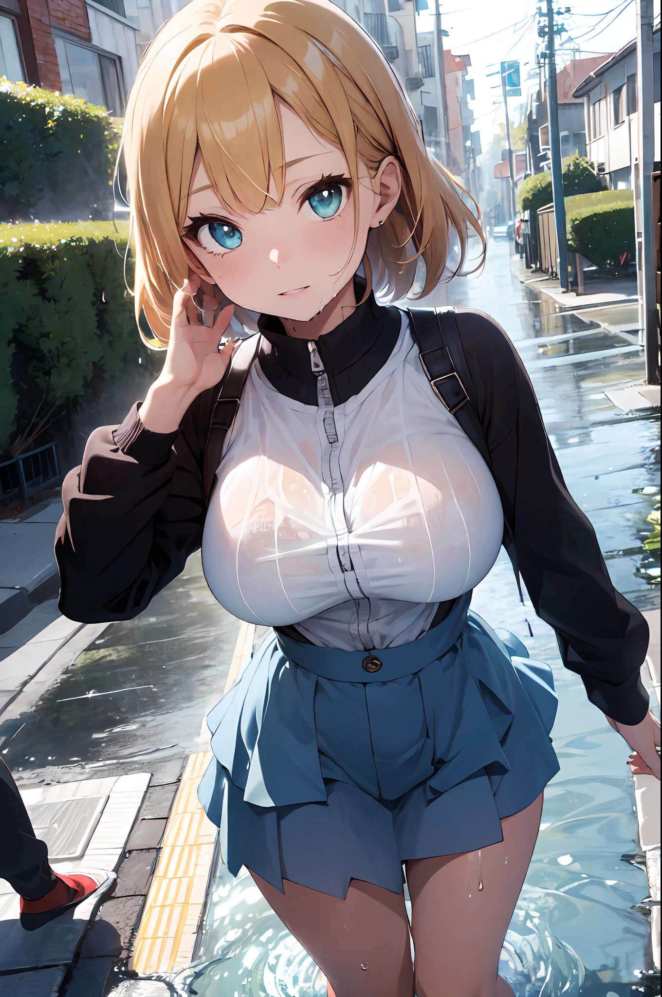 ((Best Quality, 8k, Masterpiece:1.3)), Focus:1.2, Perfect Body Beauty:1.4, Buttocks:1.2, (Layered Haircut, Big Breasts:1.2)), (Wet Clothes:1.1), (Rain, Street:1.3), Dresses: 1.1, Highly detailed face and skin texture, Fine eyes, Double eyelids, Whitening skin, Hip skirt , blonde hair , green and blue eyes