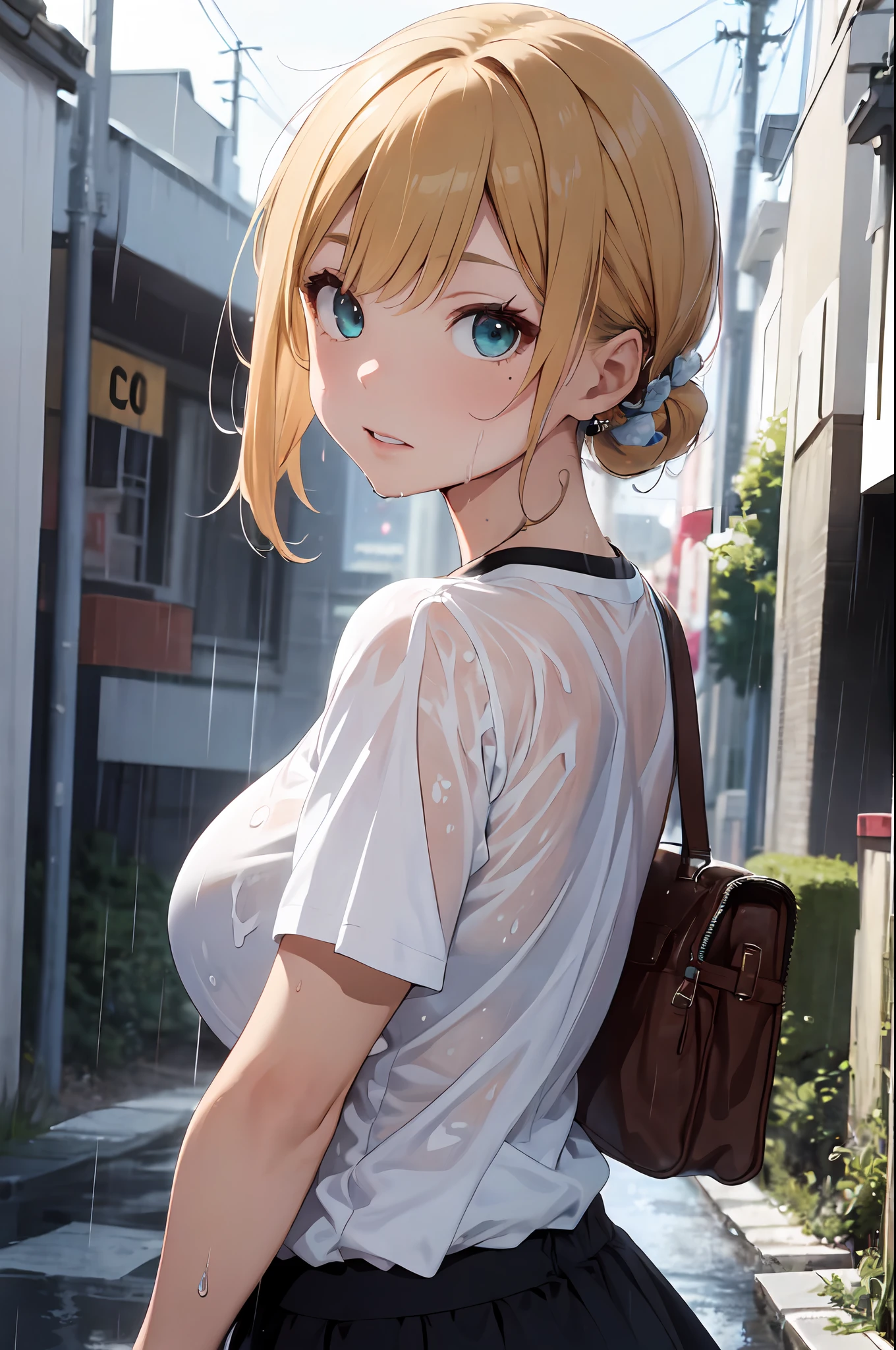 ((Best Quality, 8k, Masterpiece:1.3)), Focus:1.2, Perfect Body Beauty:1.4, Buttocks:1.2, (Layered Haircut, Big Breasts:1.2)), (Wet Clothes:1.1), (Rain, Street:1.3), Dresses: 1.1, Highly detailed face and skin texture, Fine eyes, Double eyelids, Whitening skin, Hip skirt , blonde hair , green and blue eyes