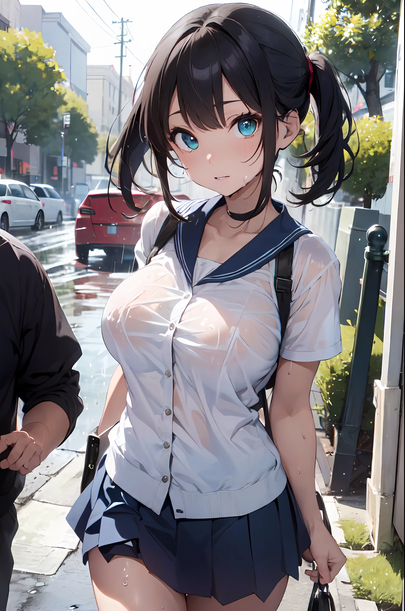 ((Best Quality, 8k, Masterpiece:1.3)), Focus:1.2, Perfect Body Beauty:1.4, Buttocks:1.2, (Layered Haircut, Big Breasts:1.2)), (Wet Clothes:1.1), (Rain, Street:1.3), Dresses: 1.1, Highly detailed face and skin texture, Fine eyes, Double eyelids, Whitening skin, Hip skirt , blonde hair , green and blue eyes