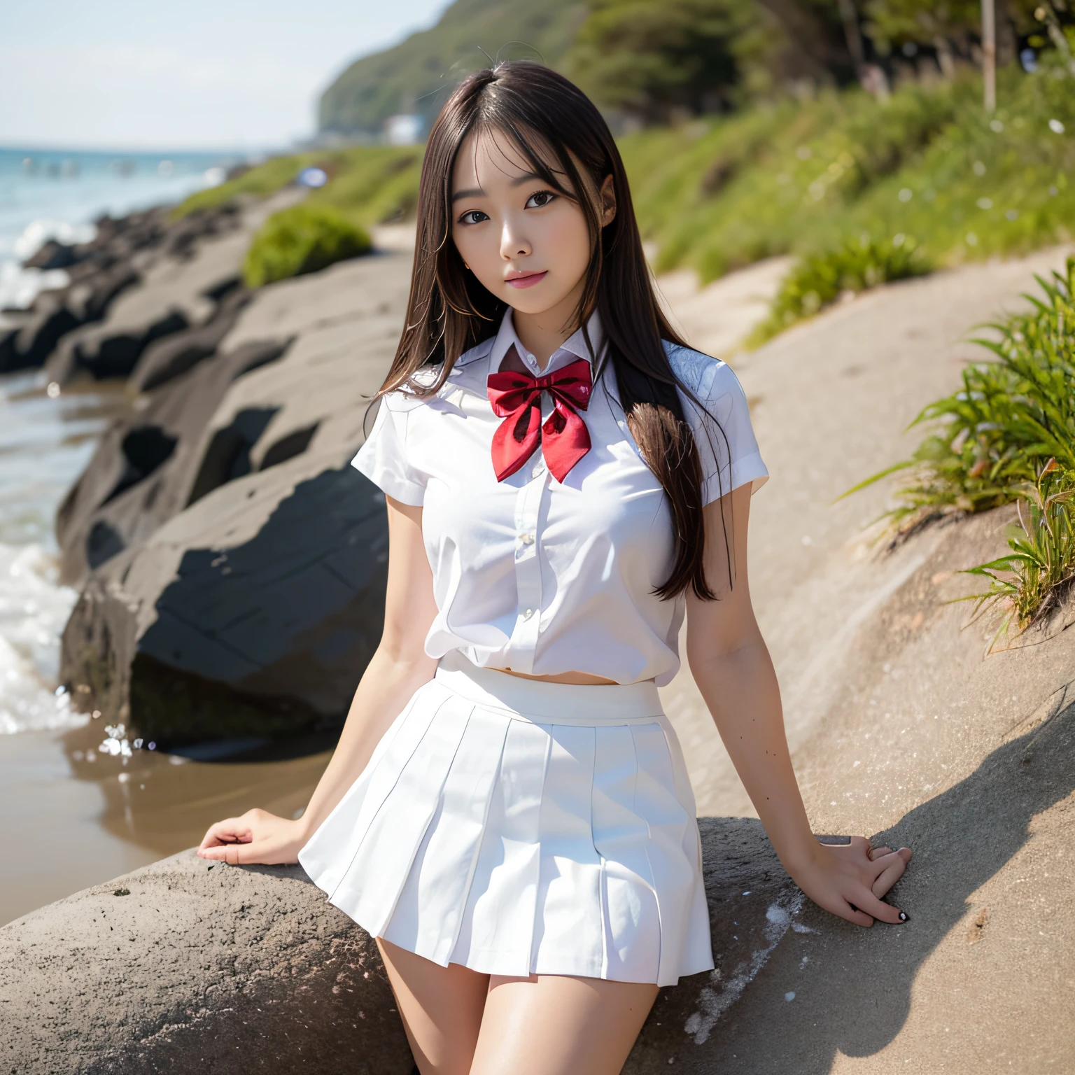 (1lady), long straight hair,(white shirt),(white Short skirt:1.4), (red bow tie), On the beach by the sea