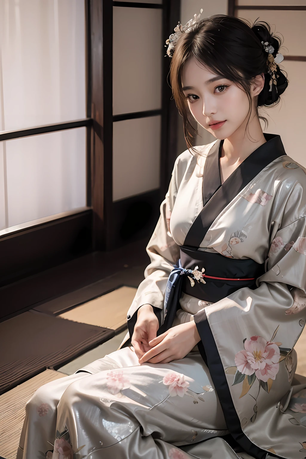 (Photorealsitic:1.4), (Top image quality:1.0), (超A high resolution:1.0), 8K, Raw photography, (masterpiece:0.2), (pureerosface_v1:0.5)、(Best Quality Detail:1.2)、realisitic、8K UHD、hight resolution、(1girl in:1.2)、The ultra-detailliert、High quality textures、intricate detailes、detaileds、Very detailed CG、High quality shadows、Detail Beautiful delicate face、Detail Beautiful delicate eyes、depth of fields、Ray traching,1girl in, japanaese girl, Cute, slender, Black kimono, Kimono with Japanese pattern,Floral scrunchie, Beautiful skin, Facing the front,Sit down, Sit upright and say thank you,Align your hands elegantly,Smile faintly The Land of Japan,Japanese garden,Luxury Japanese-style room, skyporn, Magic Hour, (Realistic:1.3), Finely detailed, quality, (masutepiece:1.2), (Photorealistic:1.2), (Best Quality), (Intricate details), Dramatic, Ray tracing, photograph, +Lola