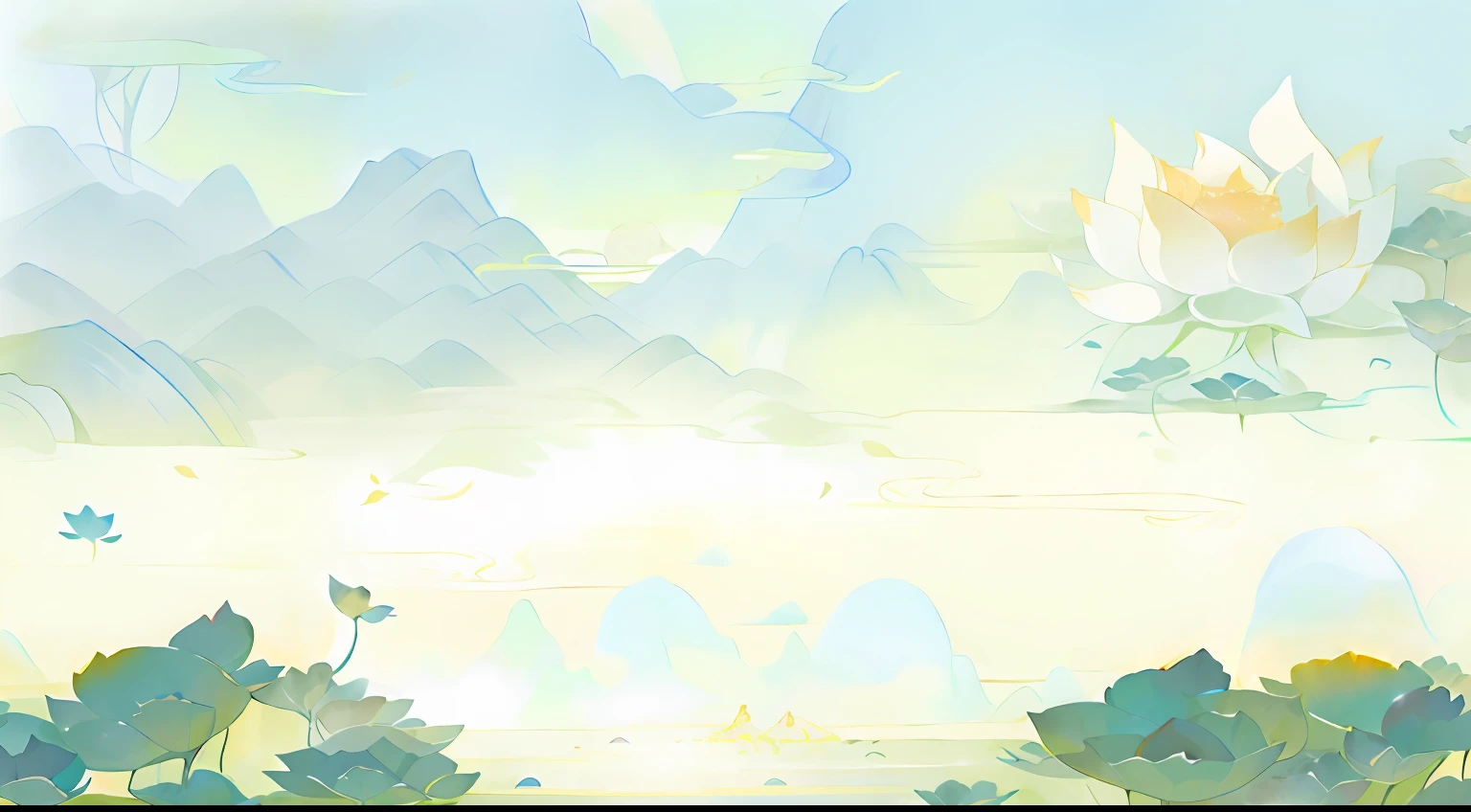 an image of an asian landscape with mountains and cloud in the background, in the style of fantastical otherworldly visions,((no human)),shining day, large lotus leaf, ancient Chinese illustrator,summer afternoon,misty,Lotus Pond Landscape,flowing tulle, light silk,lotus, ((ink painting style)), clean color, hot spring, water vapor, light cyan and gold line, intricately mapped worlds, hyperrealistic illustrations, romanticized cityscapes, detailed character illustrations, organic shapes and curved lines