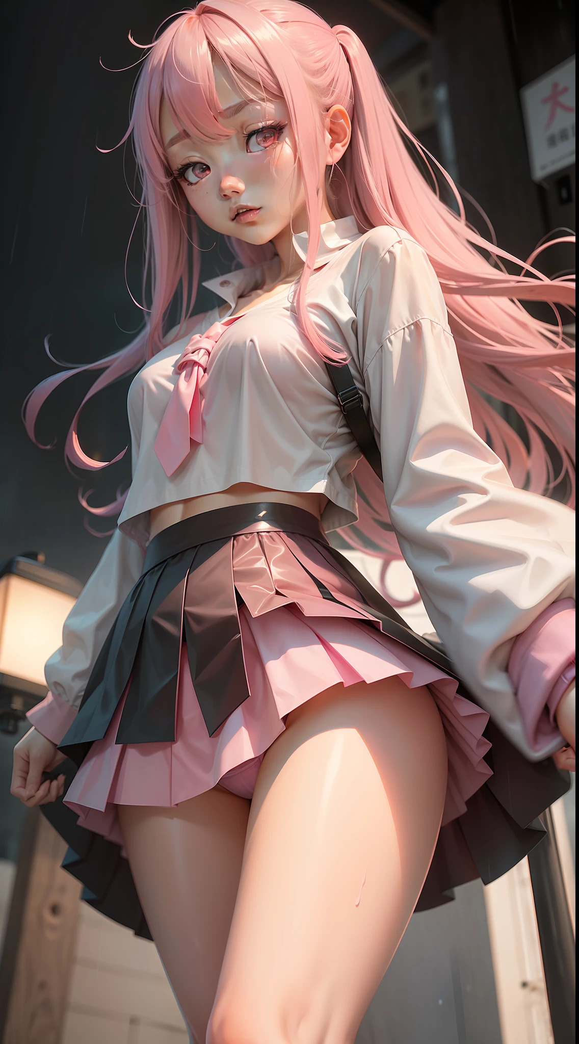 the night,raining day, Japanese girl,broad chest,long pink hair,big pink eyes,Light pink miniskirt,White wet shirt, Shy face,Pink stockings,Pink panties,Whitening skin,The skirt was blown up by the wind to reveal the panties,