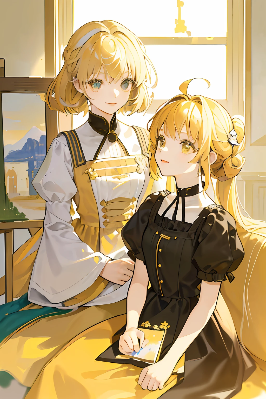 ((picture quality is high:1.3+The painting style is cute:1.3),(Character subjects:Two s),(Subject description:and the sun was shining brightly,ssmile,Heart gesture),(Character details:A long brownish-yellow hair,Short black shoulder-length hair))