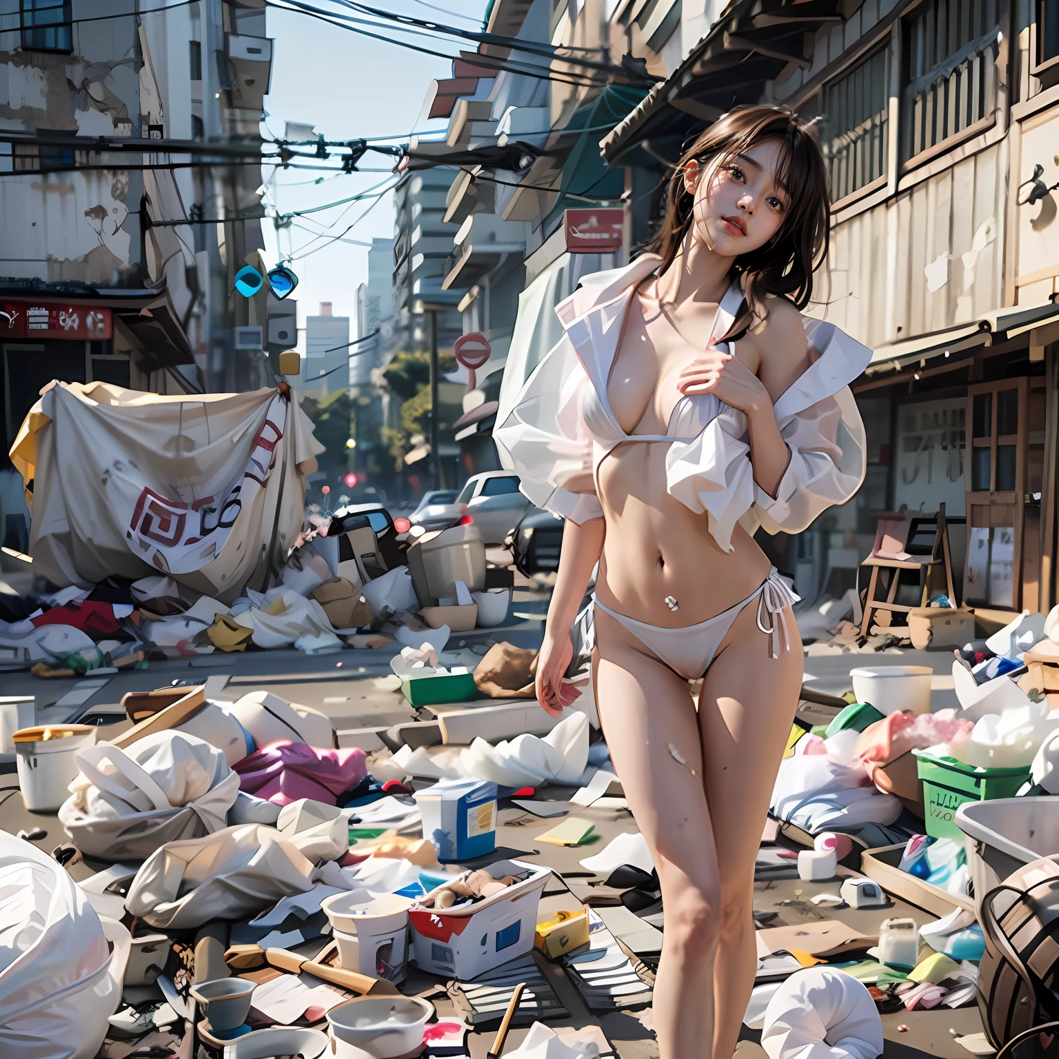 Cidade abandonada,A very cute extreme exhibitionist Korean girl,sexyposture,Wearing a naked,White transparent bikini,Wear white transparent briefs,The barefoot,Garbage all over the ground,grimy, tmasterpiece, highly detailed,best qualtiy,Extreme image quality