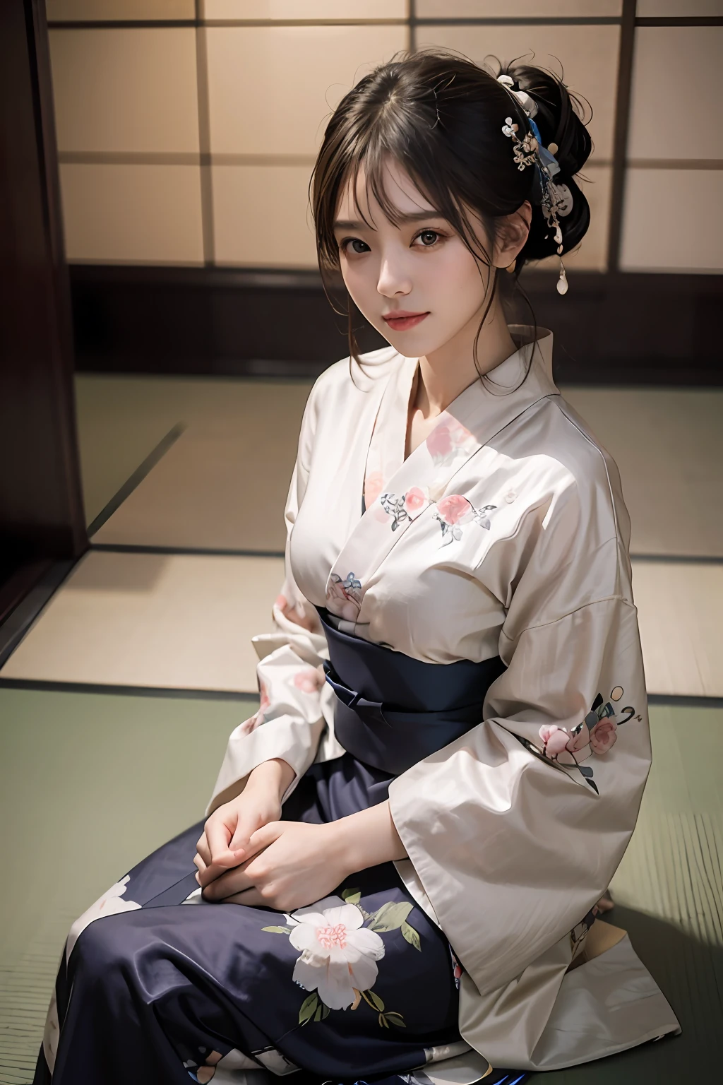 (Photorealsitic:1.4), (Top image quality:1.0), (超A high resolution:1.0), 8K, Raw photography, (​masterpiece:0.2), (pureerosface_v1:0.5)、(Best Quality Detail:1.2)、realisitic、8K UHD、hight resolution、(1girl in:1.2)、The ultra-detailliert、High quality textures、intricate detailes、detaileds、Very detailed CG、High quality shadows、Detail Beautiful delicate face、Detail Beautiful delicate eyes、depth of fields、Ray traching,1girl in, japanaese girl, Cute, slender, Black kimono, Kimono with Japanese pattern,Floral scrunchie, Beautiful skin, Facing the front,Sit down, Sit upright and say thank you,Align your hands elegantly,Smile faintly The Land of Japan,Japanese garden,Luxury Japanese-style room, skyporn, Magic Hour, (Realistic:1.3), Finely detailed, quality, (masutepiece:1.2), (Photorealistic:1.2), (Best Quality), (Intricate details), Dramatic, Ray tracing, photograph, +Lola