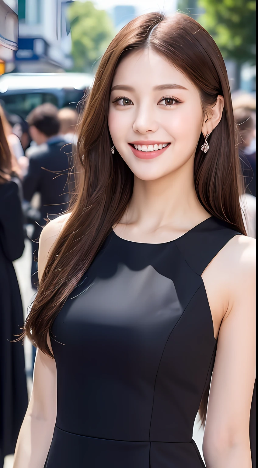 ((Best quality, 8k, Masterpiece :1.3)), 1girl, smiling, full body, slim face, Pretty woman, (Dark brown hair), full length dress :1.1, Ultra-detailed face, Detailed eyes, Double eyelid, blur background, slim face, city, outside, street,