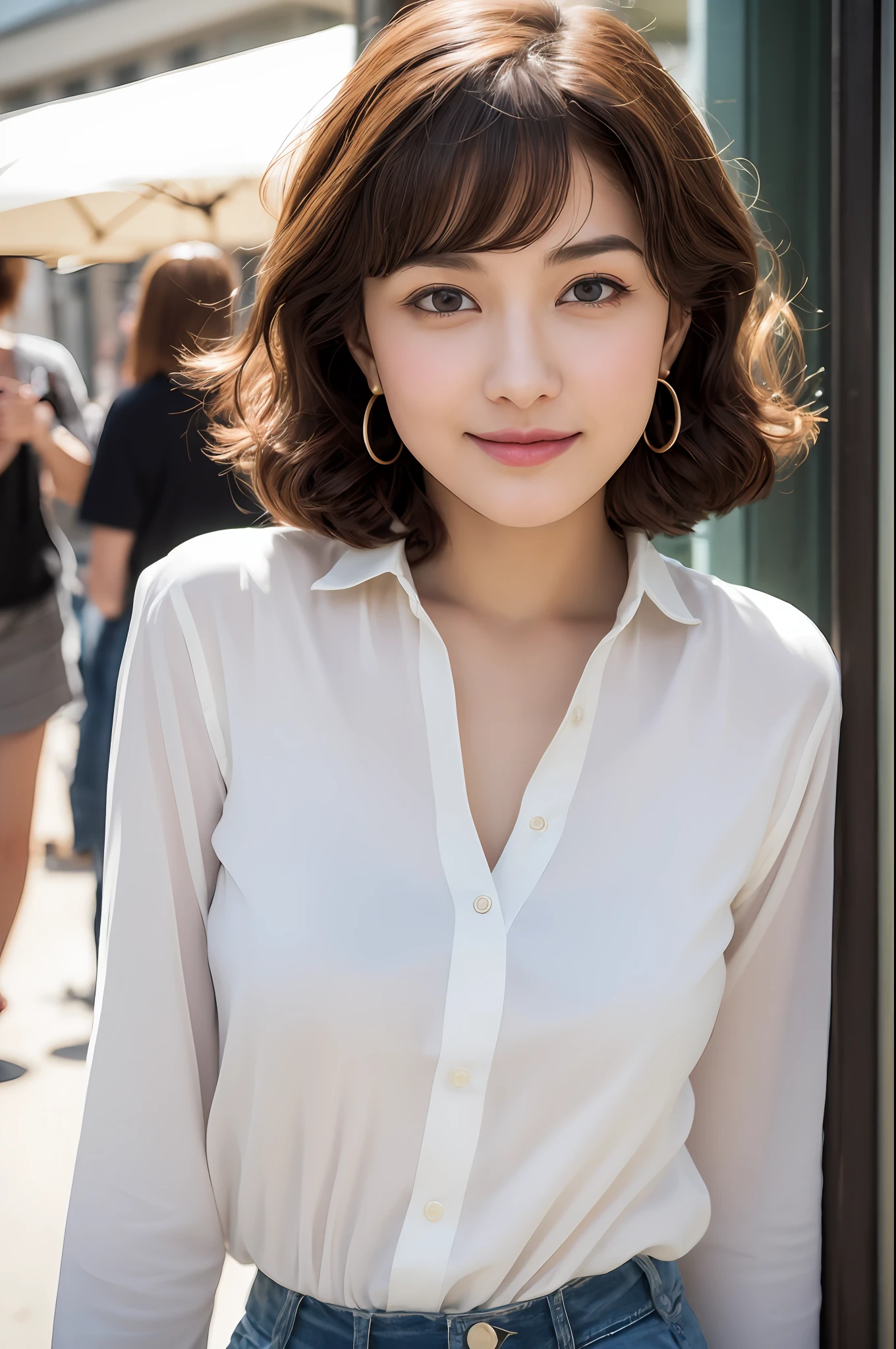 (8k, RAW photos, top quality, masterpiece: 1.2), ultra detailed, super resolution, (real, real photos: 1.37), portraits, high definition RAW color photos, professional photos, very detailed and beautiful, highly detailed, 8k wallpapers, amazing details, huge file size, official art, highly detailed CG Unity 8k wallpapers, highly detailed beautiful girls, highly detailed facesHighly detailed eyes, highly detailed skin, highly detailed fingers, highly detailed nose, highly detailed mouth, perfect anatomy, highly detailed background, highly detailed clothing, one girl, (18:1.2), teen, cute girl, famous Japan idol, cute, realistic body, petite, white skin, radiant skin, slim body, handsome body, brown hair, short curly hair, (blunt bangs: 1.2) smile, cute, youthful, pretty face, realistic face, delicate eyes, sagging eyes, white shirt, skirt, earrings, camera gaze, cowboy shot, front-facing, standing, contrappost, high street, public, crowd, dynamic lighting, very big breasts,