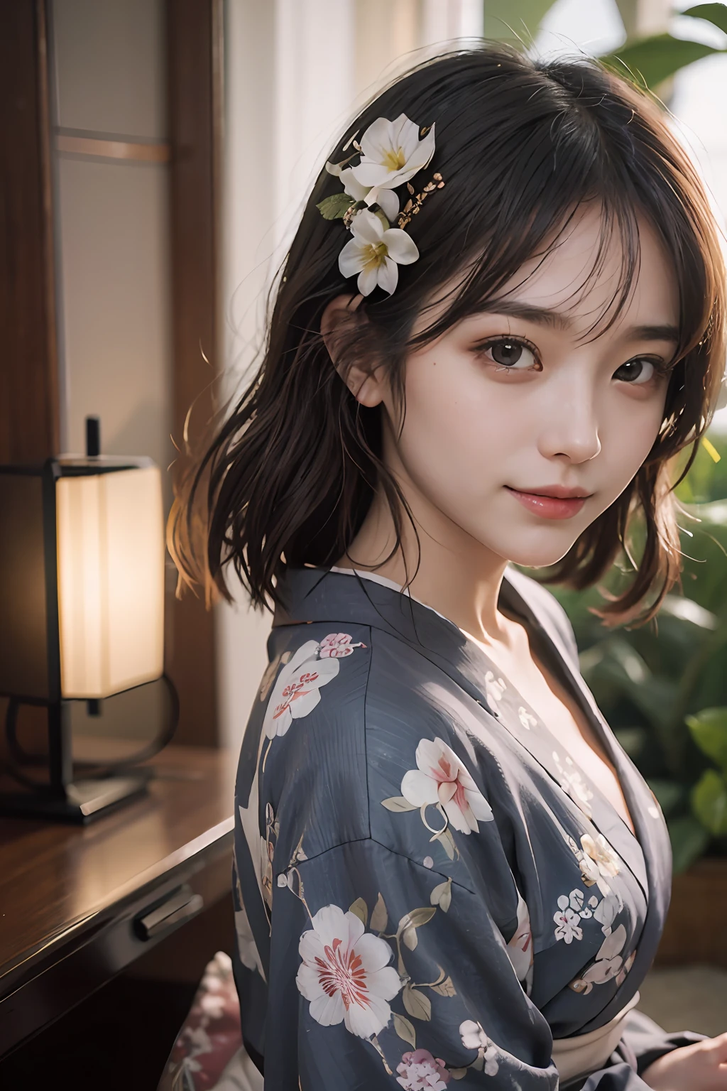 (Photorealsitic:1.4), (Top image quality:1.0), (超A high resolution:1.0), 8K, Raw photography, (masterpiece:0.2), (pureerosface_v1:0.5)、(Best Quality Detail:1.2)、realisitic、8K UHD、hight resolution、(1girl in:1.2)、The ultra-detailliert、High quality textures、intricate detailes、detaileds、Very detailed CG、High quality shadows、Detail Beautiful delicate face、Detail Beautiful delicate eyes、depth of fields、Ray traching,1girl in, japanaese girl, Cute, slender, Black kimono, Kimono with Japanese pattern,Floral scrunchie, Beautiful skin, Facing the front,Sit down, Sit upright and say thank you,Align your hands elegantly,Smile faintly The Land of Japan,Japanese garden,Luxury Japanese-style room, skyporn, Magic Hour, (Realistic:1.3), Finely detailed, quality, (masutepiece:1.2), (Photorealistic:1.2), (Best Quality), (Intricate details), Dramatic, Ray tracing, photograph, +Lola