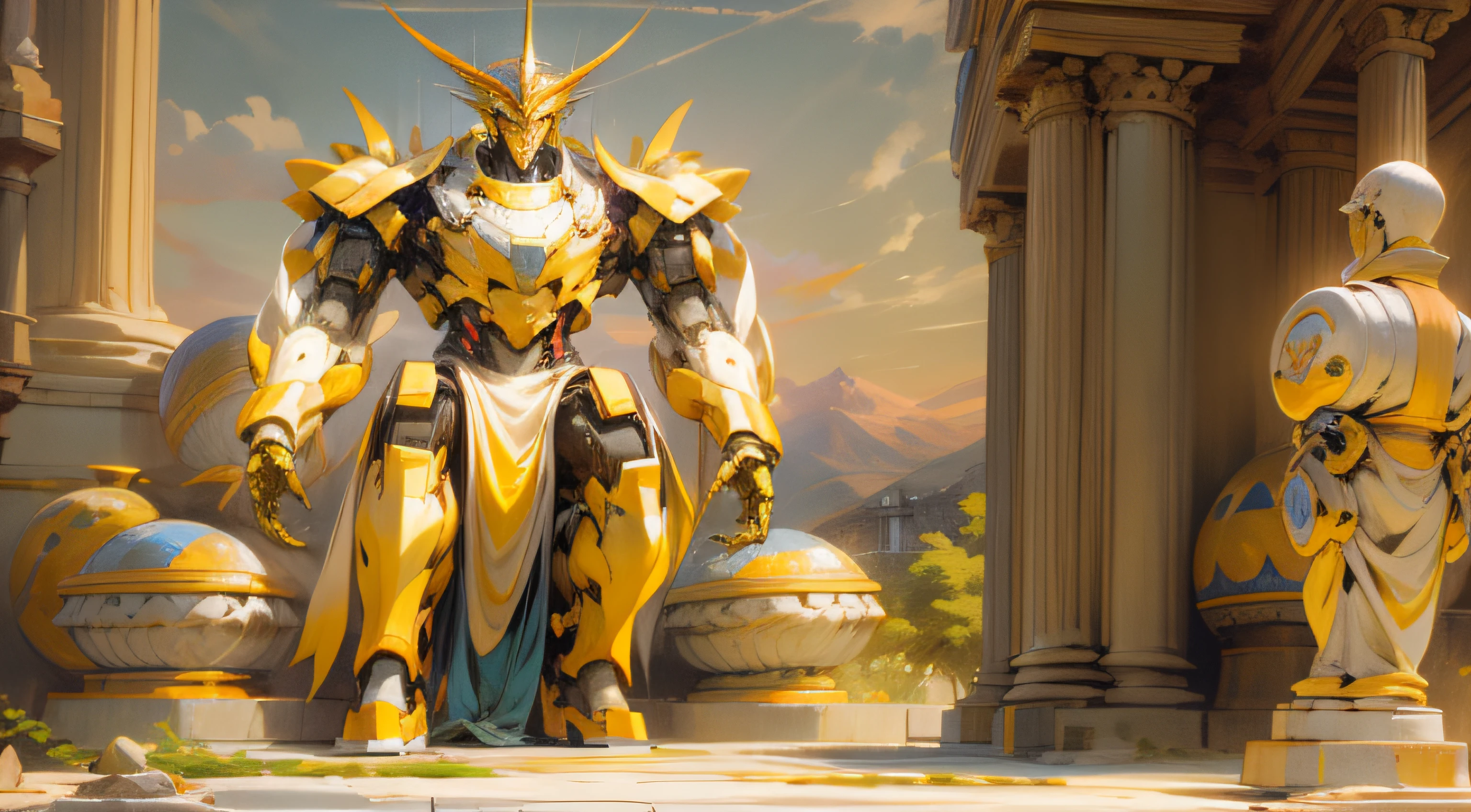 Please depict a gigantic robot inspired by Apollo, the sun god of Greek mythology. The robot has a streamlined shape and a sophisticated design, its form radiates beauty and artistry. The color palette is gold, yellow, and orange, and it holds a lyre in its hand, capable of playing music. As a special feature, it has the ability to manipulate music and predict the future. This scene is shot in the soft light of dusk, with the robot's golden surface softly glowing in the light of the setting sun. Please use a high-resolution DSLR camera, with a telephoto lens for this shot. --ar 16:9 --v 5.1 --style raw --q 2 --s 750