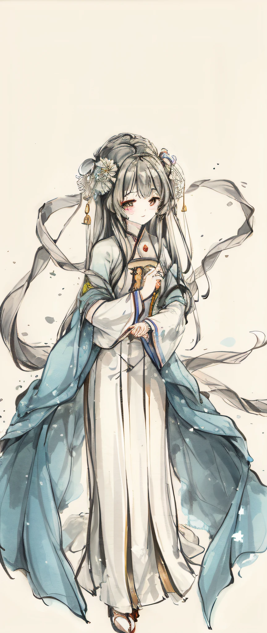 ((4K,tmasterpiece,Best picture quality)), water ink, Traditional Chinese painting, lotuses, Hanfu, long skirt, solo person, 独奏, long whitr hair, ssmile, standing on your feet,Exquisite facial features