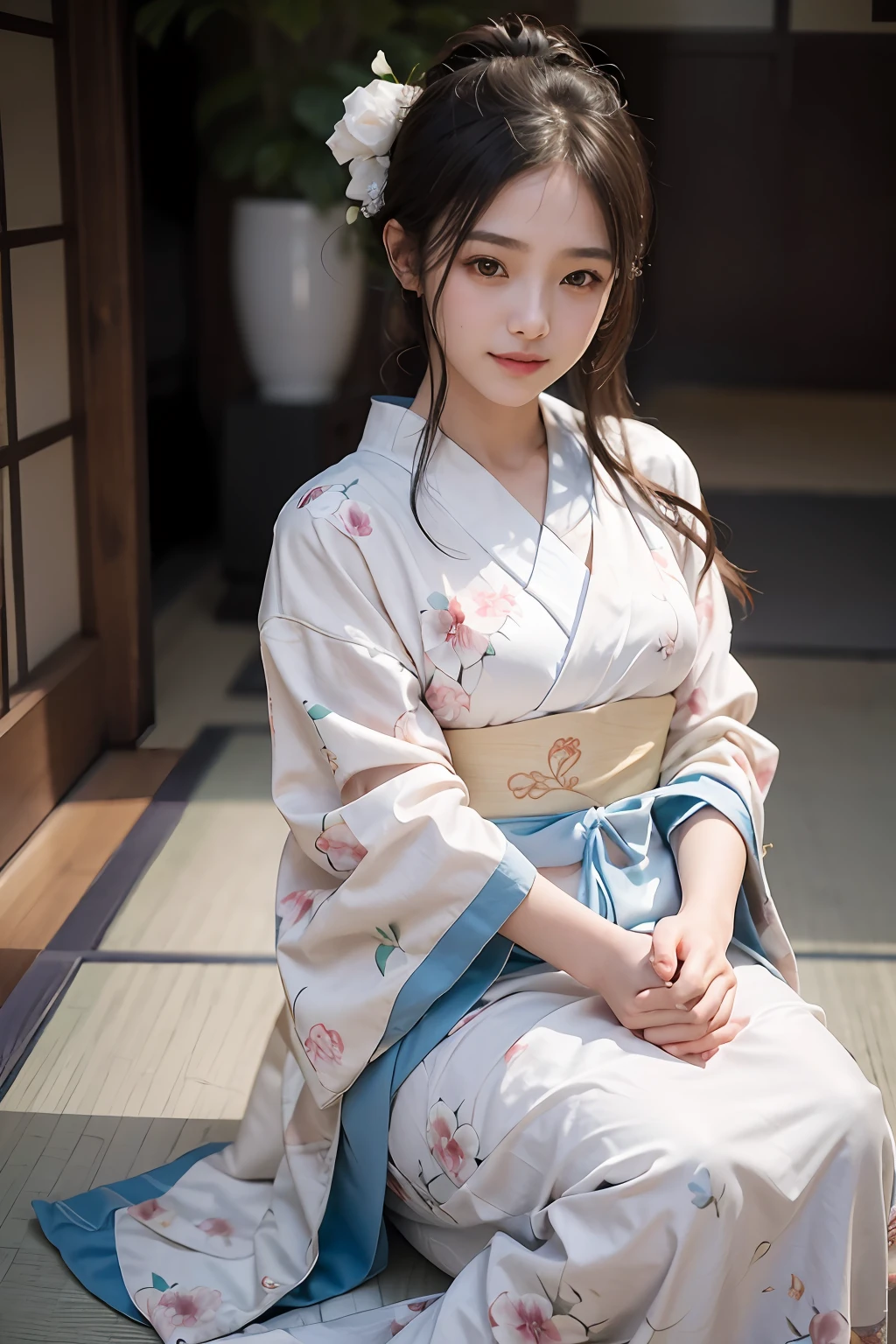 (Photorealsitic:1.4), (Top image quality:1.0), (超A high resolution:1.0), 8K, Raw photography, (masterpiece:0.2), (pureerosface_v1:0.5)、(Best Quality Detail:1.2)、realisitic、8K UHD、hight resolution、(1girl in:1.2)、The ultra-detailliert、High quality textures、intricate detailes、detaileds、Very detailed CG、High quality shadows、Detail Beautiful delicate face、Detail Beautiful delicate eyes、depth of fields、Ray traching,1girl in, japanaese girl, Cute, slender, Black kimono, Kimono with Japanese pattern,Floral scrunchie, Beautiful skin, Facing the front,Sit down, Sit upright and say thank you,Align your hands elegantly,Smile faintly The Land of Japan,Japanese garden,Luxury Japanese-style room, skyporn, Magic Hour, (Realistic:1.3), Finely detailed, quality, (masutepiece:1.2), (Photorealistic:1.2), (Best Quality), (Intricate details), Dramatic, Ray tracing, photograph, +Lola