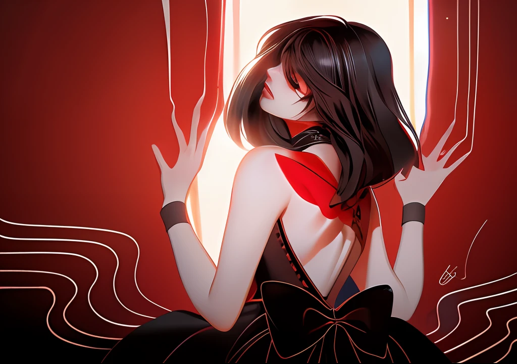 anime girl in black dress with red bow and black dress, loish |, anime girl wearing a black dress, grayscale phtoto with red dress, yandere intricate, loish art style, in dress, anime style illustration, black and white and red, 2b, 2 b, digital art on pixiv, black and white and red colors,, beautiful line art, detailed manga style, extremely fine ink lineart,exquisite line art, perfect lineart,exquisite line art, exquisite digital illustration, detailed digital drawing,digital anime illustration, a beautiful artwork illustration, detailed matte fantasy portrait, beautiful line art, great digital art with details, goddess. extremely high detail, 4k detailed digital art, stunning digital illustration, digital fantasy illustration,((Best quality)), ((masterpiece)), (detailed:1.4), 3D, an image of a beautiful female,HDR (High Dynamic Range),Ray Tracing,NVIDIA RTX,Super-Resolution,Unreal 5,Subsurface scattering,PBR Texturing,Post-processing,Anisotropic Filtering,Depth-of-field,Maximum clarity and sharpness,Multi-layered textures,Albedo and Specular maps,Surface shading,Accurate simulation of light-material interaction,Perfect proportions,Octane Render, Two-tone lighting,Wide aperture,Low ISO,White balance,Rule of thirds,8K RAW,subsurface scattering, best ratio of four fingers and one thumb