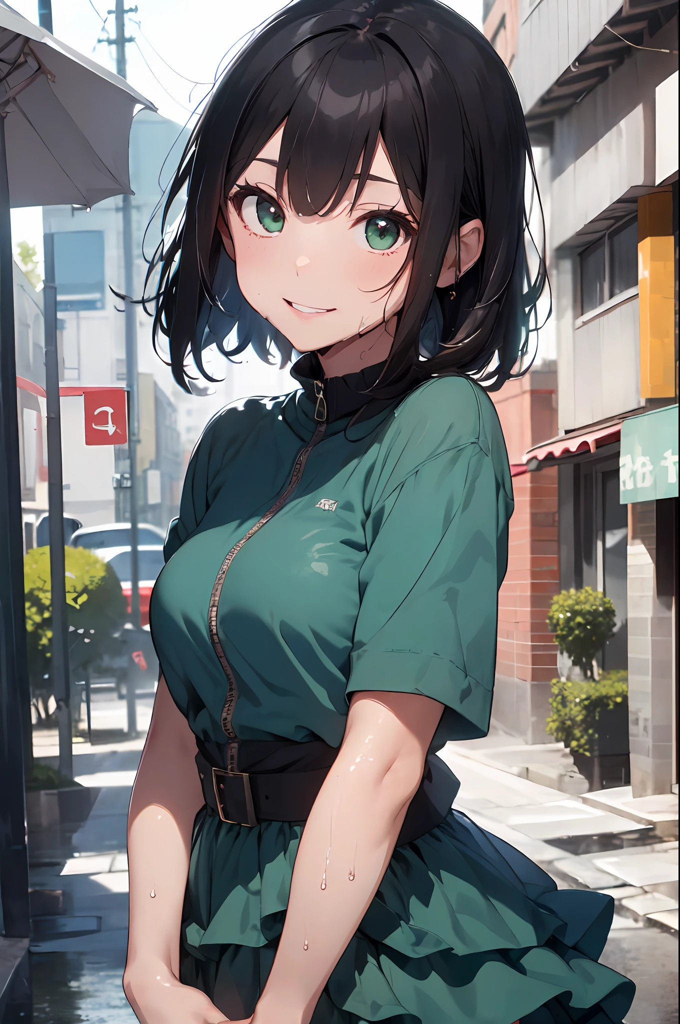 ((Best Quality, 8K, Masterpiece:1.3)), Focus: 1.2, Perfect Body Beauty: 1.4, Buttocks: 1.2, ((Layered Haircut, Breasts: 1.2)), (Wet Clothes: 1.1), (Rain, Street:1.3), Bandeau Dress: 1.1, Highly Detailed Face and Skin Texture, Fine Eyes, Double Eyelids, Whitening Skin, Long Hair, (Shut Up: 1.3), Smile , red hair , green eyes, fashion dress