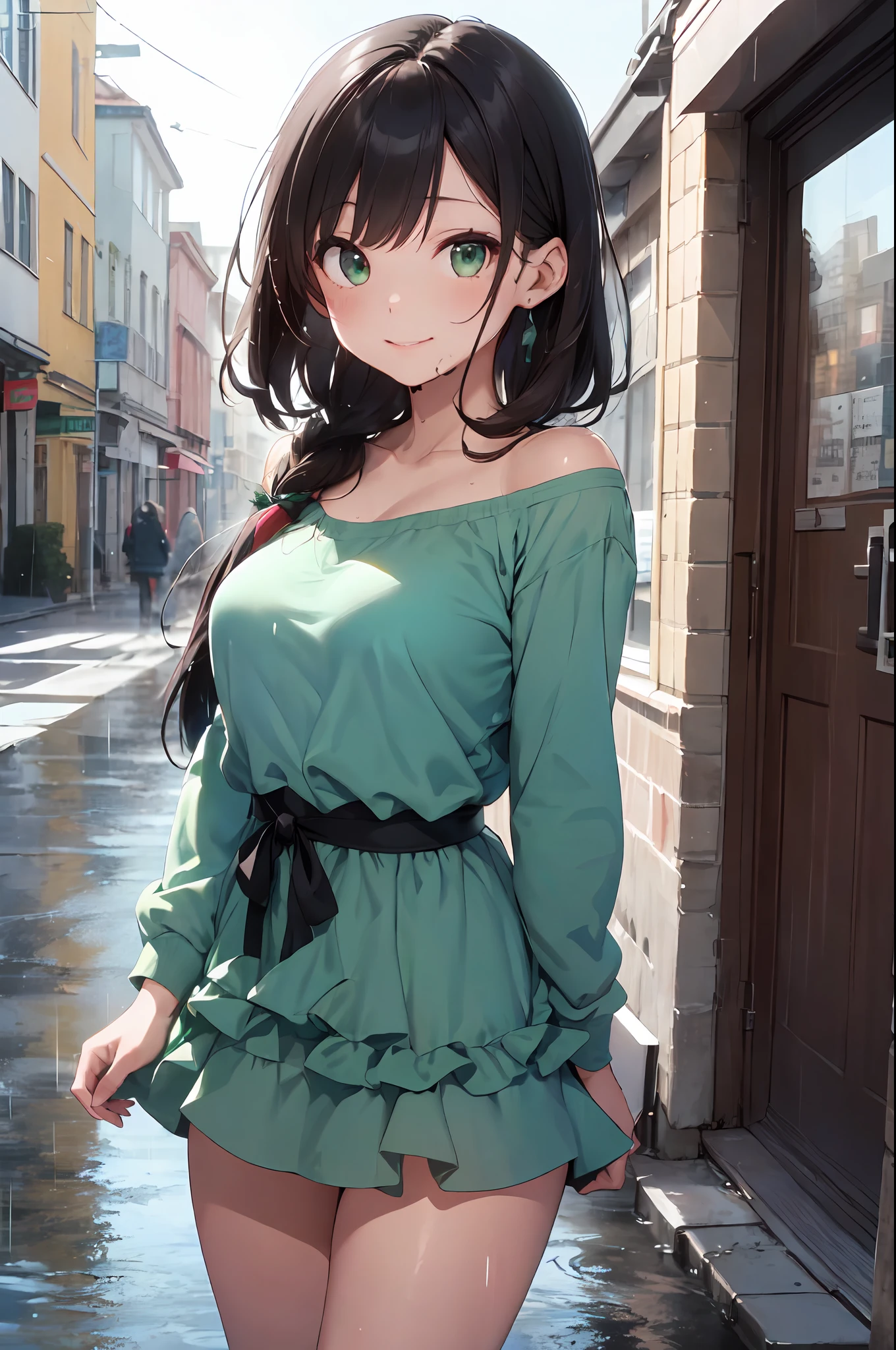 ((Best Quality, 8K, Masterpiece:1.3)), Focus: 1.2, Perfect Body Beauty: 1.4, Buttocks: 1.2, ((Layered Haircut, Breasts: 1.2)), (Wet Clothes: 1.1), (Rain, Street:1.3), Bandeau Dress: 1.1, Highly Detailed Face and Skin Texture, Fine Eyes, Double Eyelids, Whitening Skin, Long Hair, (Shut Up: 1.3), Smile , red hair , green eyes, fashion dress