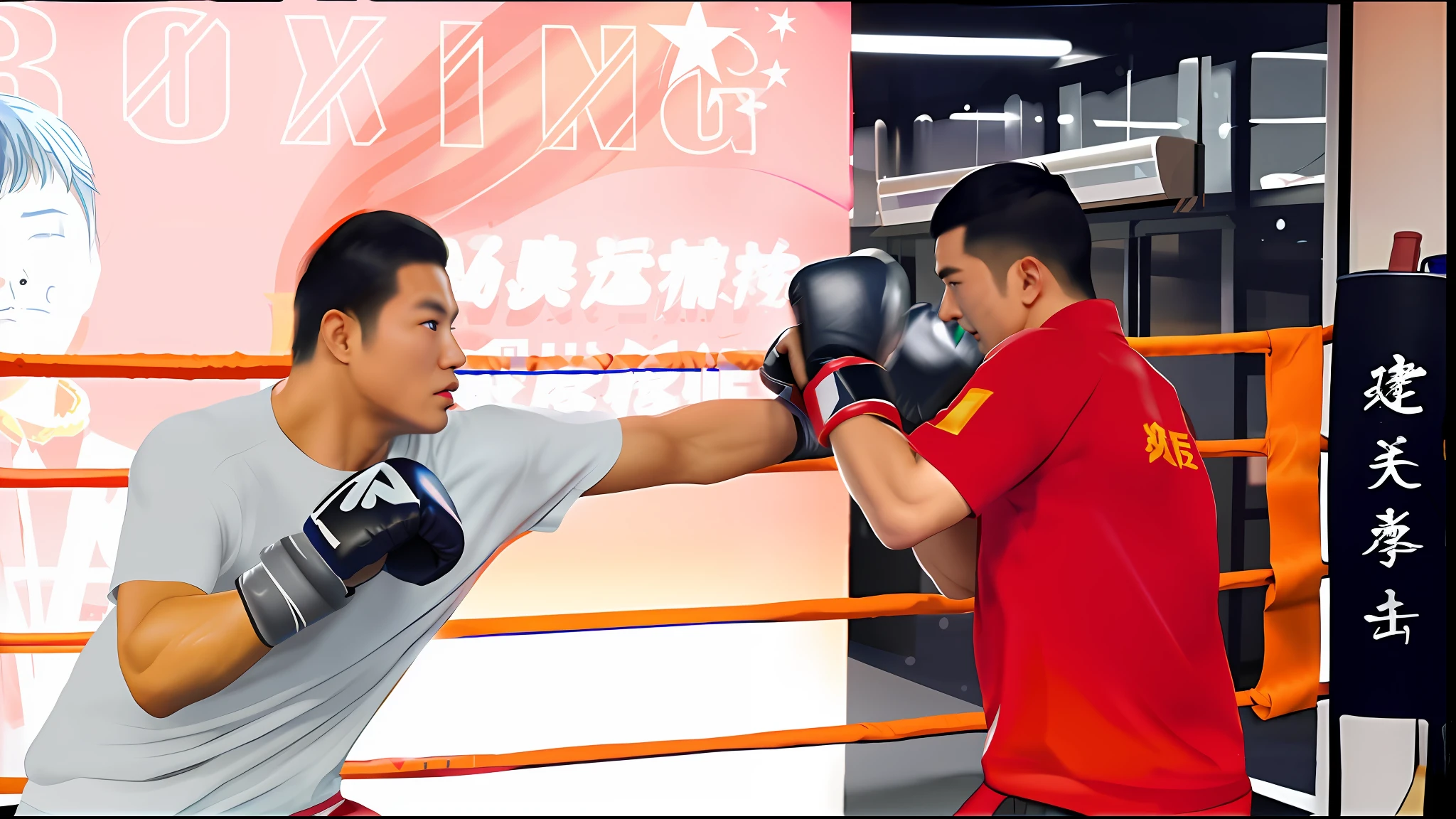 There were two men in the ring，One is hitting the other, boxing match, boxing, ruxing gao, in a boxing ring, Sparring, inspired by Li Shixing, Inspired by Ding Guanpeng, inspired by Ding Yunpeng, Fighting, punching, inspired by Cao Buxing, gta chinatowon art style, fighting scene, Fight