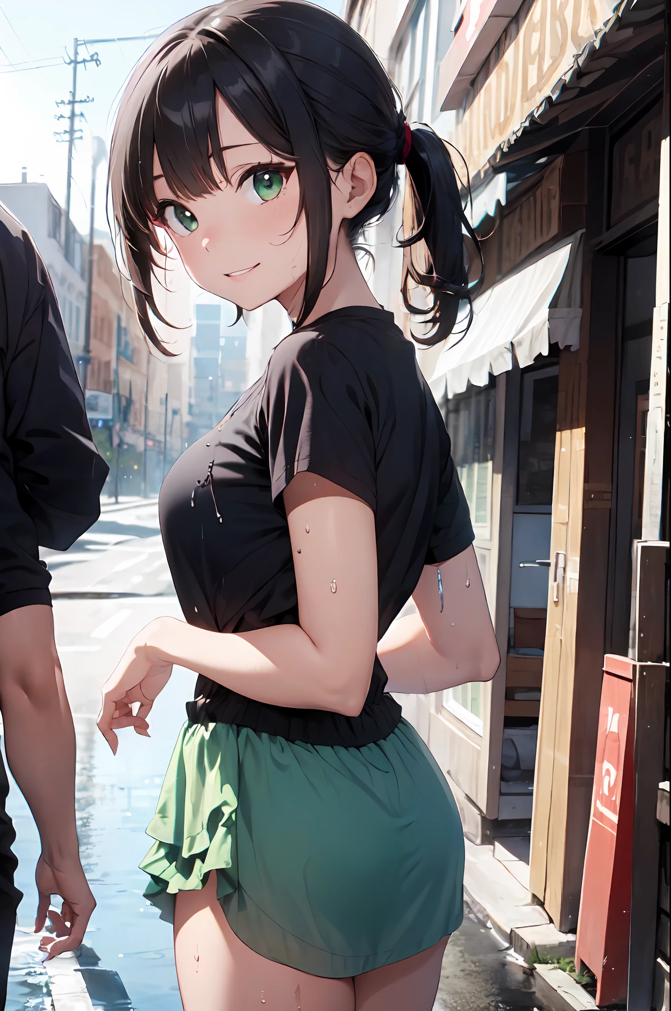 ((Best Quality, 8K, Masterpiece:1.3)), Focus: 1.2, Perfect Body Beauty: 1.4, Buttocks: 1.2, ((Layered Haircut, Breasts: 1.2)), (Wet Clothes: 1.1), (Rain, Street:1.3), Bandeau Dress: 1.1, Highly Detailed Face and Skin Texture, Fine Eyes, Double Eyelids, Whitening Skin, Long Hair, (Shut Up: 1.3), Smile , red hair , green eyes,  fashion dress