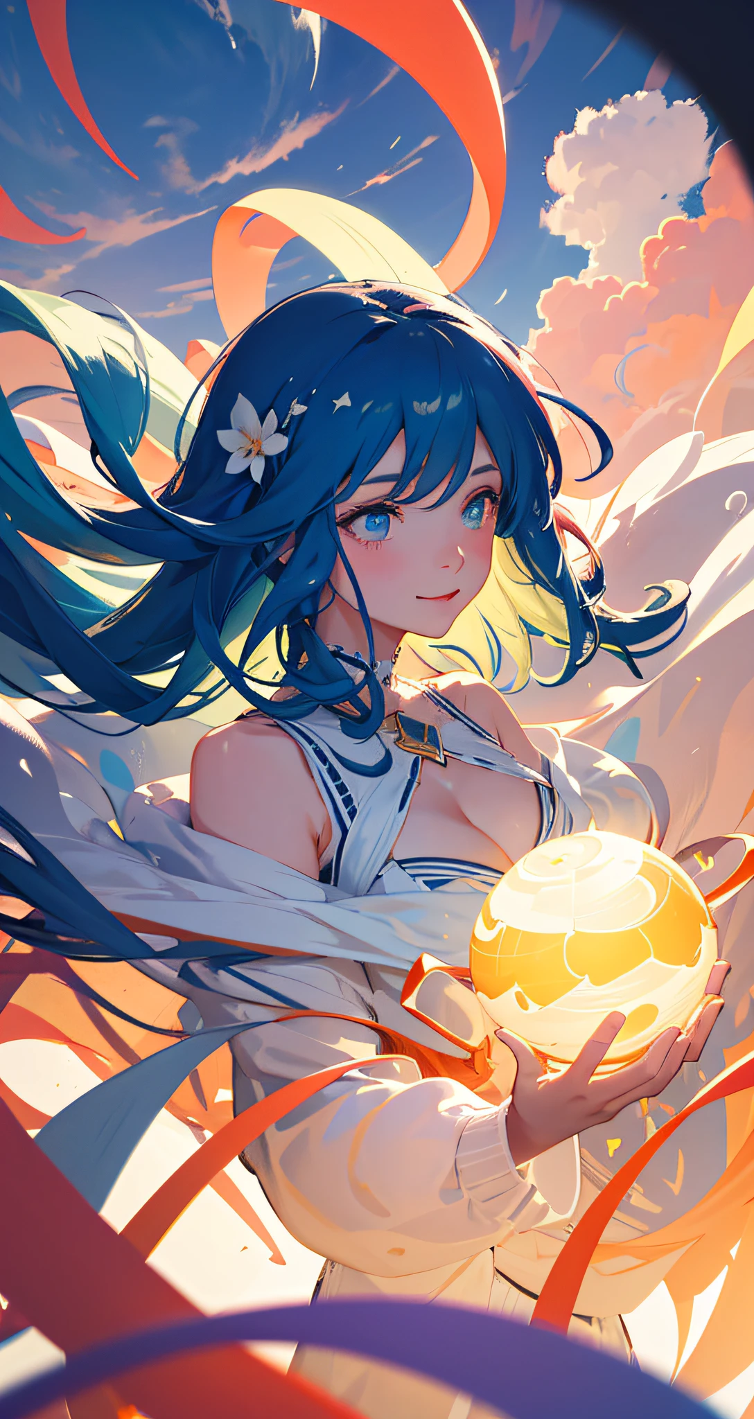 tmasterpiece,best qualtiy,cinematic Film still from,1girl,Colored ribbons,Translucent hair,magia,Floating in the sky,Cloud Girl,clouds,(closeup cleavage:1.1),brightly,cheerfulness,intriguing,gentlesoftlighting,(bauhause,shape,lineworks,abstracted:1.1)