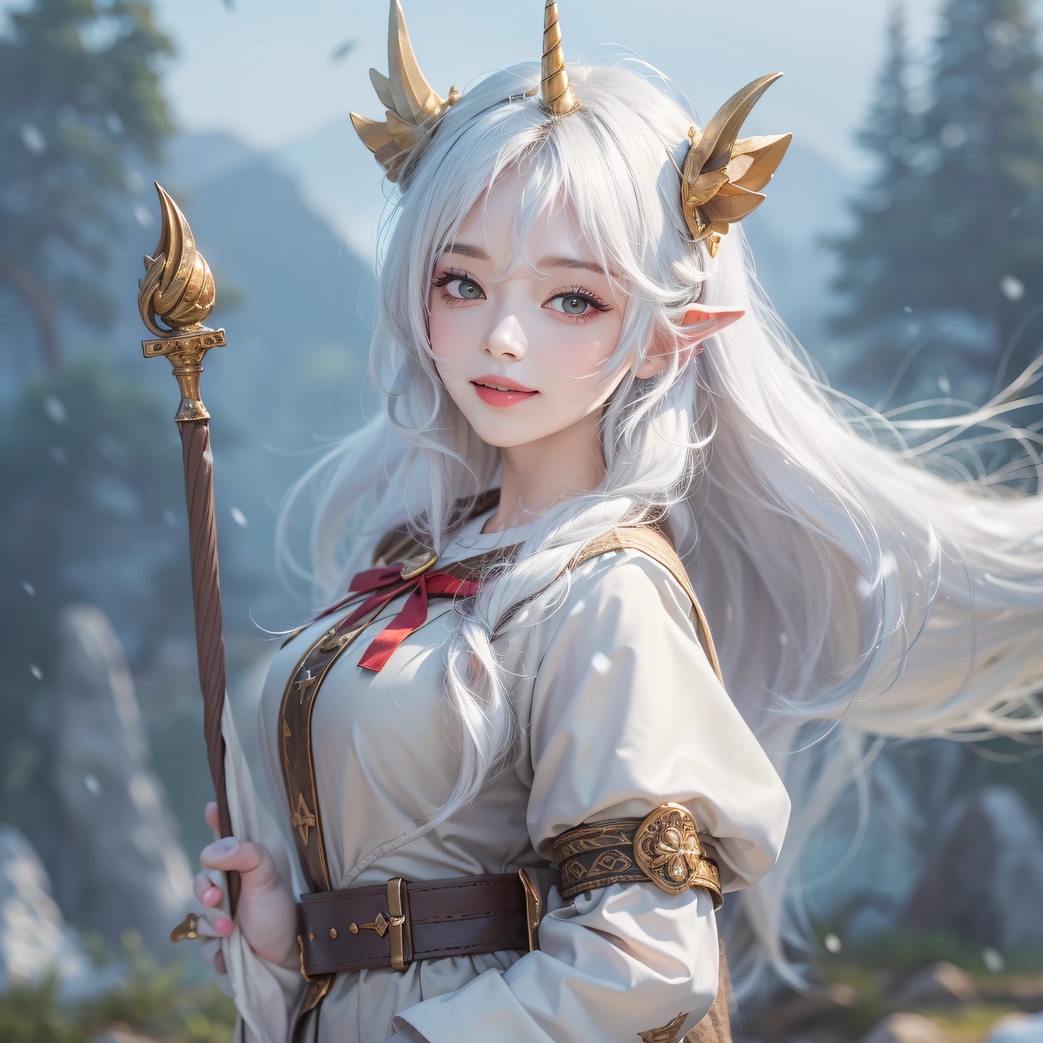 top-quality, masterpiece, high-level image quality, 1girl in、(Unicorn horns from the forehead)、snow-white hair、a beauty girl、a picture, hight resolution, 4K, 8K, Society Sisters、Monastic cap、Monastic uniforms、Hold the wand、Looking at the camera、A smile、great outdoors