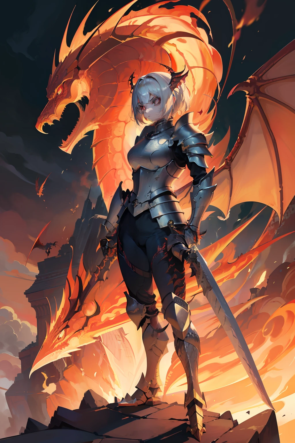 Anime,masterpiece,(bestquality),highlydetailed,ultra-detailed,dragon,(fierce:1.5),(majestic:1.3),(firebreathing:1.2),(scales:1.4),(sharpclaws:1.2),(wings:1.3),(flying:1.2),(intenseeyes:1.2),(smoke:0.8),human,(brave:1.2),(warrior:1.3),(armor:1.3),(sword:1.2),(standing:1.2),(determined:1.2),(interaction:0.8) --style scenic