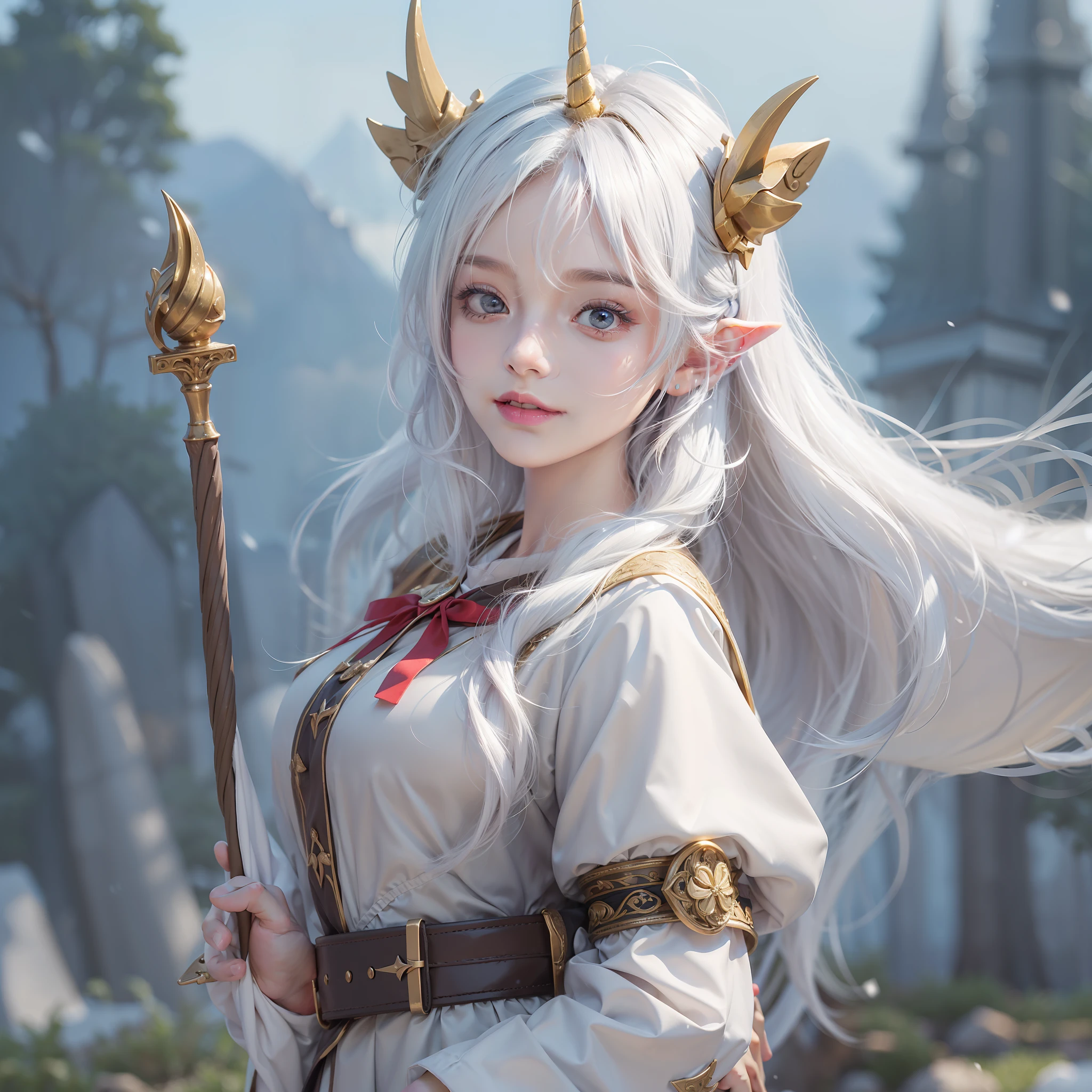top-quality, masterpiece, high-level image quality, 1girl in、(Unicorn horns from the forehead)、snow-white hair、a beauty girl、a picture, hight resolution, 4K, 8K, Society Sisters、Monastic cap、Monastic uniforms、Hold the wand、Looking at the camera、A smile、great outdoors