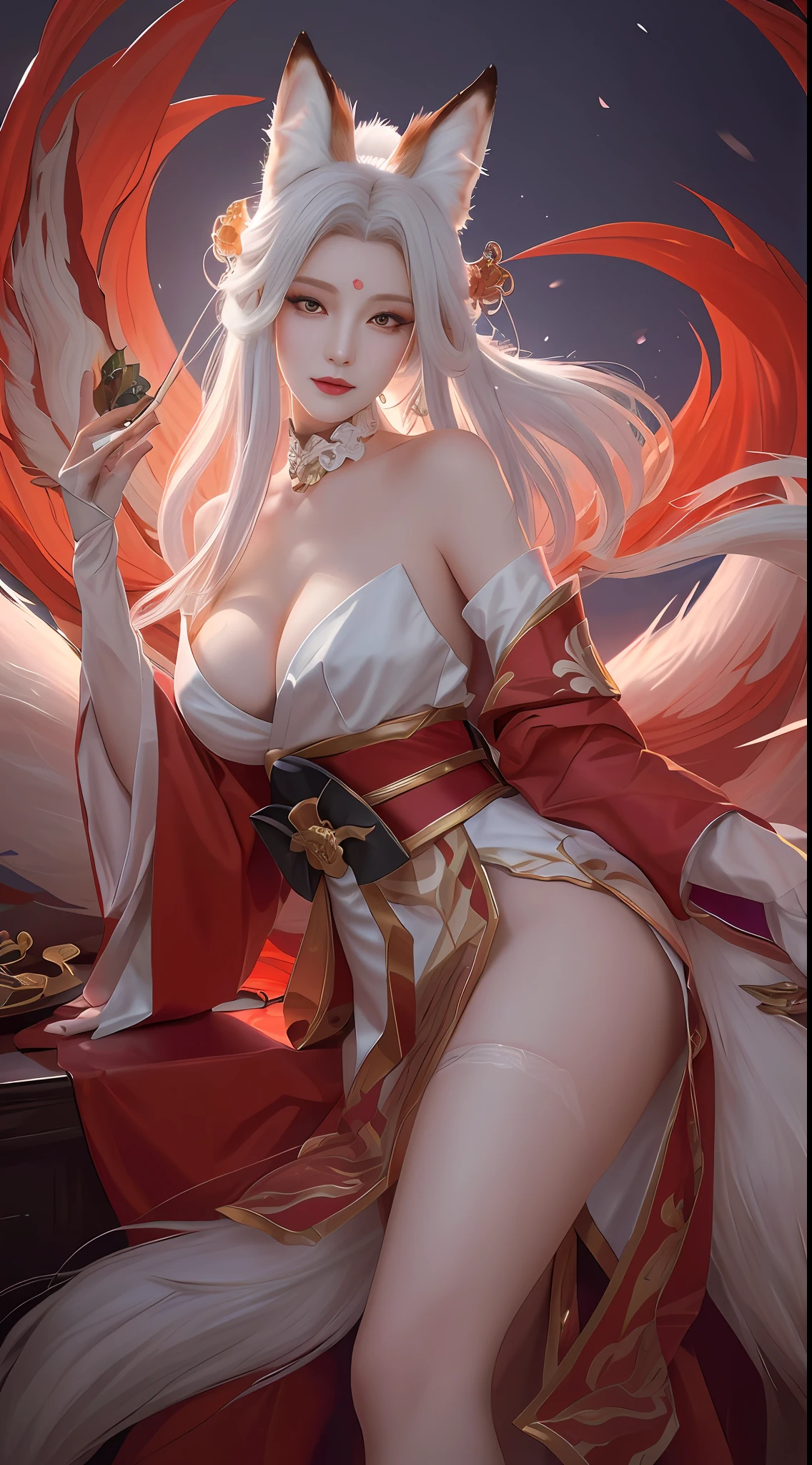 send，tmasterpiece，beautifuldetails，Extremely colorful，Exquisite details，Delicate lips，The details are complex，Realiy，Ultra photo realsisim，A girl and a white-haired fox sit on a branch：1.1，Large breasts，Raised sexy，seductiv，ethereal fox，nine tail fox，Fox three-tailed fox，Onmyoji detailed art，Nine tails，A beautiful artwork illustration，mythological creatures，red fox，Beautiful digital artwork，Exquisite digital illustration，mizutsune , Inspired by the mythical creature wildnet，Digital art on Pixiv，strong lights，hight contrast，Horror movie theme，Dark atmosphere，Fighting posture