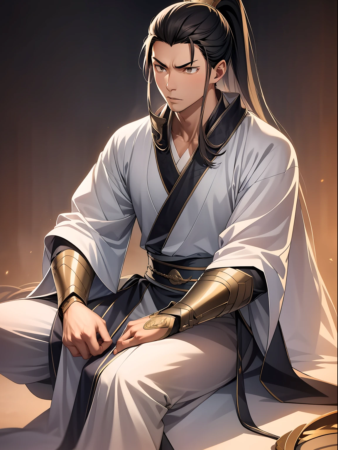 quadratic element,style of anime,mtu(Male Warrior),The proportions are correct,Face details,swordsmen,High ponytail hairstyle,Neck details,There is an Adam's apple,Golden Hanfu,kaftan,Embroidered robes,Golden robes,clothes details,Handing over,longer sleeves,Game quality,Swordsmanship,Light and shadow tracking,Ray traching,detailed glow,cg render,hair detail,cabellos largos dorados,Golden eyes,Handsome,Handsome,(juvenile sense),Clothing is complicated,Perfectcomposition,Refinement,high qulity,higher details,Lots of details,The background is complex,a sense of atmosphere,