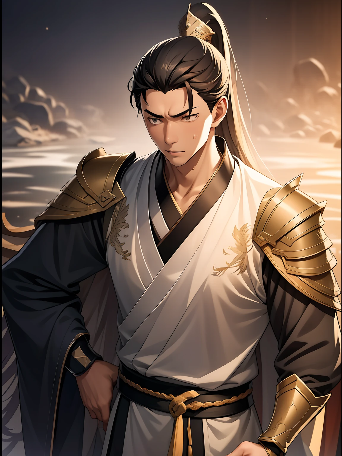 quadratic element,style of anime,mtu(Male Warrior),The proportions are correct,Face details,swordsmen,High ponytail hairstyle,Neck details,There is an Adam's apple,Golden Hanfu,kaftan,Embroidered robes,Golden robes,clothes details,Handing over,longer sleeves,Game quality,Swordsmanship,Light and shadow tracking,Ray traching,detailed glow,cg render,hair detail,cabellos largos dorados,Golden eyes,Handsome,Handsome,(juvenile sense),Clothing is complicated,Perfectcomposition,Refinement,high qulity,higher details,Lots of details,The background is complex,a sense of atmosphere,