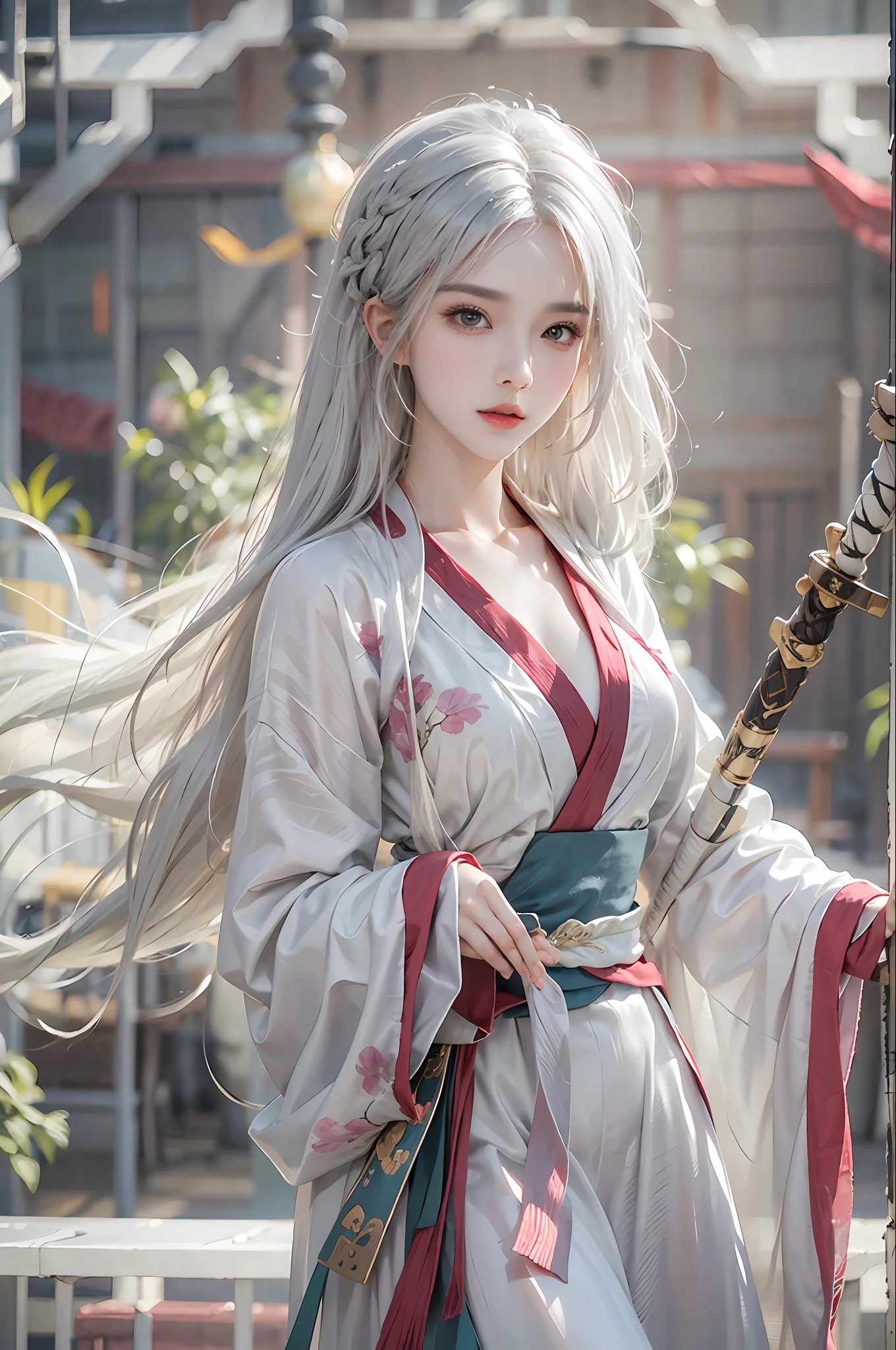 photorealistic, high resolution, 1 women, solo, ???? up, look at viewer, (detailed face), white hair, long hair, ??????????????, chinese clothes, hanfu, playing flute