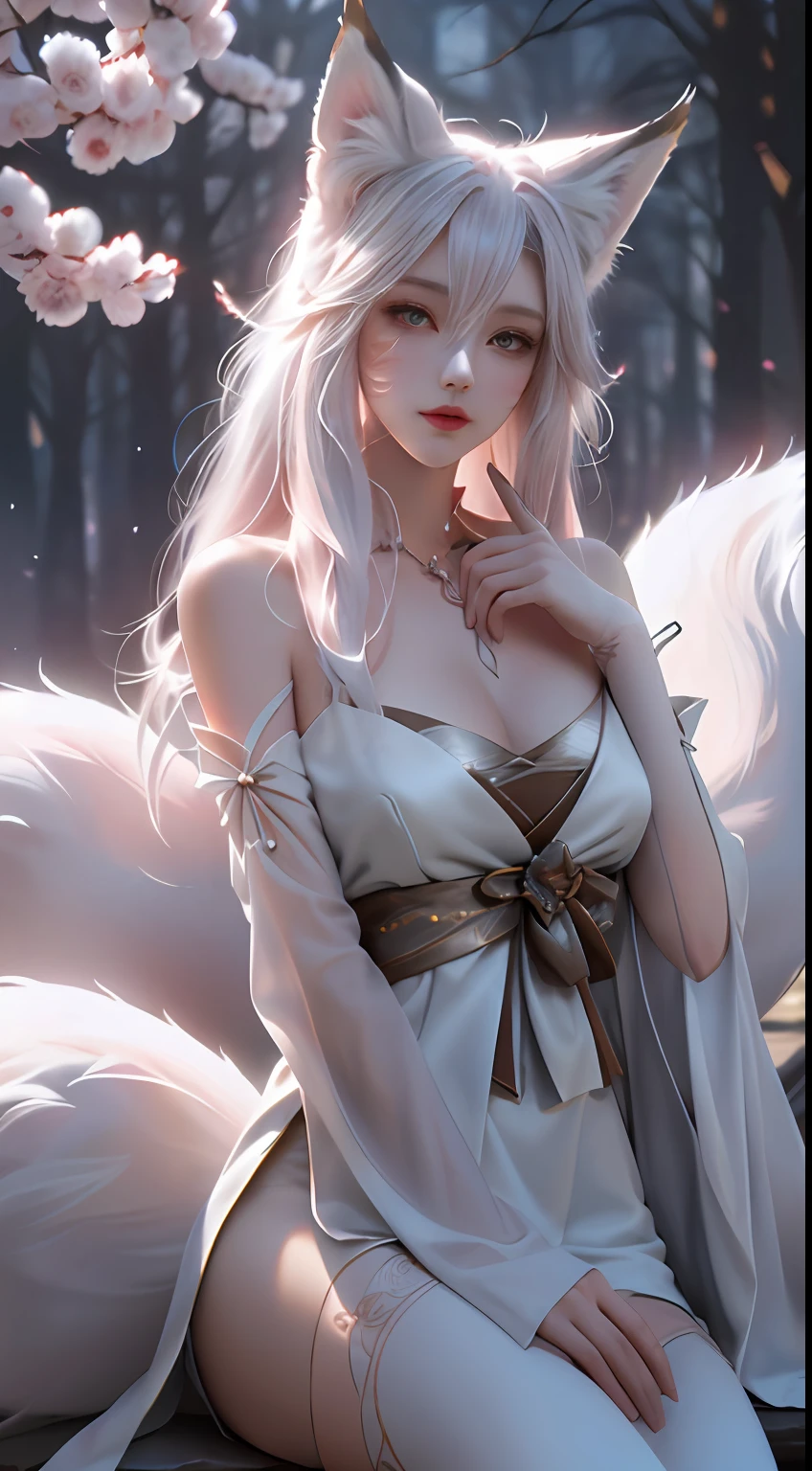 Fox ears white hair girl，full bodyesbian，Painting of a fox with white hair sitting on a branch，ethereal fox，nine tail fox，Fox three-tailed fox，Onmyoji detailed art，Nine tails，A beautiful artwork illustration，mythological creatures，red fox，(Combat posture)，Beautiful digital artwork，Exquisite digital illustration，mizutsune , Inspired by the mythical creature wildnet，Digital art on Pixiv，strong lights，hight contrast，Horror movie theme，Dark atmosphere