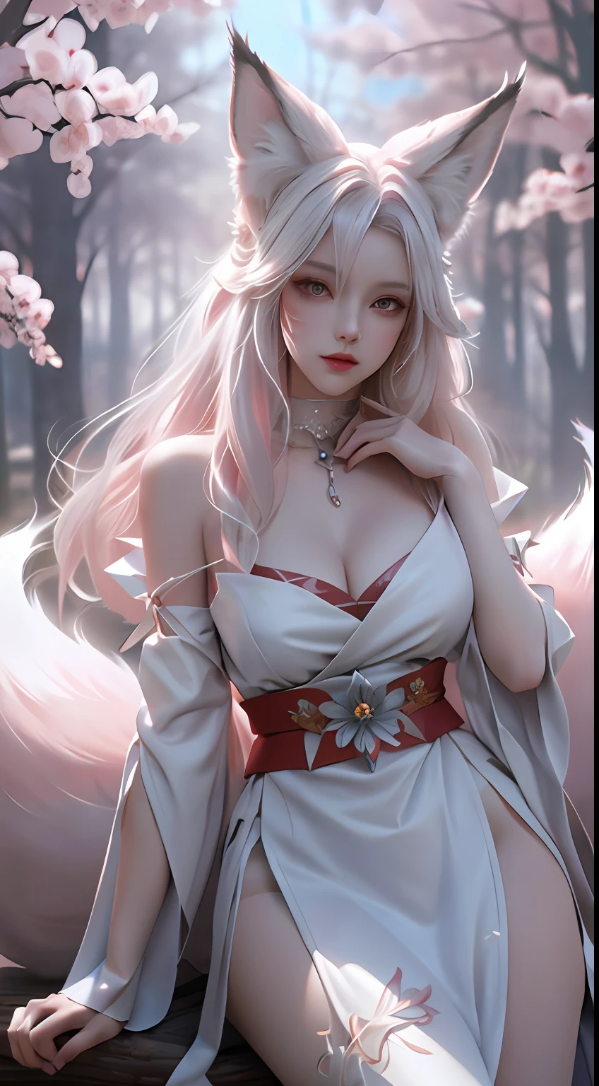 Fox ears white hair girl，full bodyesbian，Painting of a fox with white hair sitting on a branch，ethereal fox，nine tail fox，Fox three-tailed fox，Onmyoji detailed art，Nine tails，A beautiful artwork illustration，mythological creatures，red fox，(Combat posture)，Beautiful digital artwork，Exquisite digital illustration，mizutsune , Inspired by the mythical creature wildnet，Digital art on Pixiv，strong lights，hight contrast，Horror movie theme，Dark atmosphere