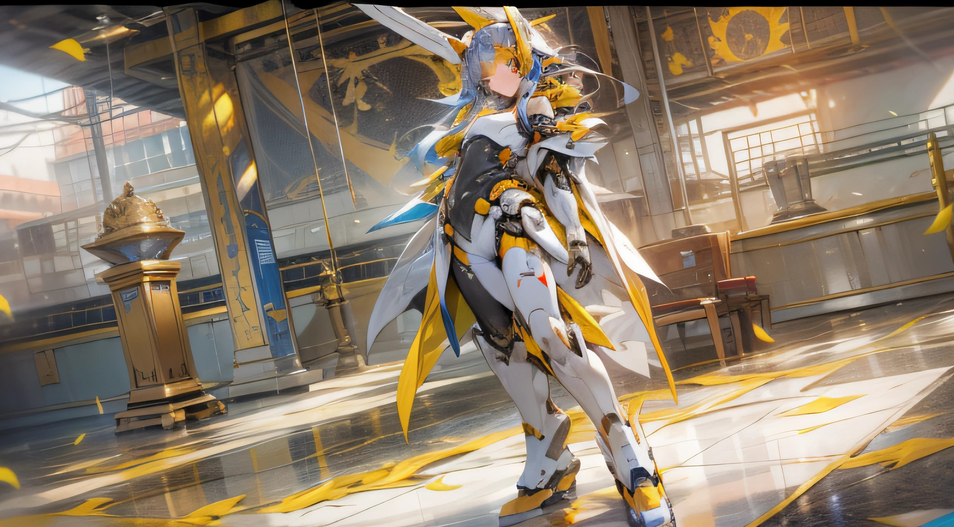 God of the sun in Greek mythology、Draw a giant mechanic robot based on Apollo。The robot has a sleek design and streamlined shape.、The figure makes you feel beautiful and artistic.。The main color palette is gold、amarelo、In orange、Holding a lute in his hand、Can play music。As a special feature、Ability to manipulate music and predict the future。This scene is、Taken in bright sunlight during the day、The golden surface of the robot shines in the sunlight。The camera to be used is、High resolution DSLR cameras、Use a wide-angle lens for the lens。 --ar 16:9 --v 5.1 --style raw --q 2 --s 750