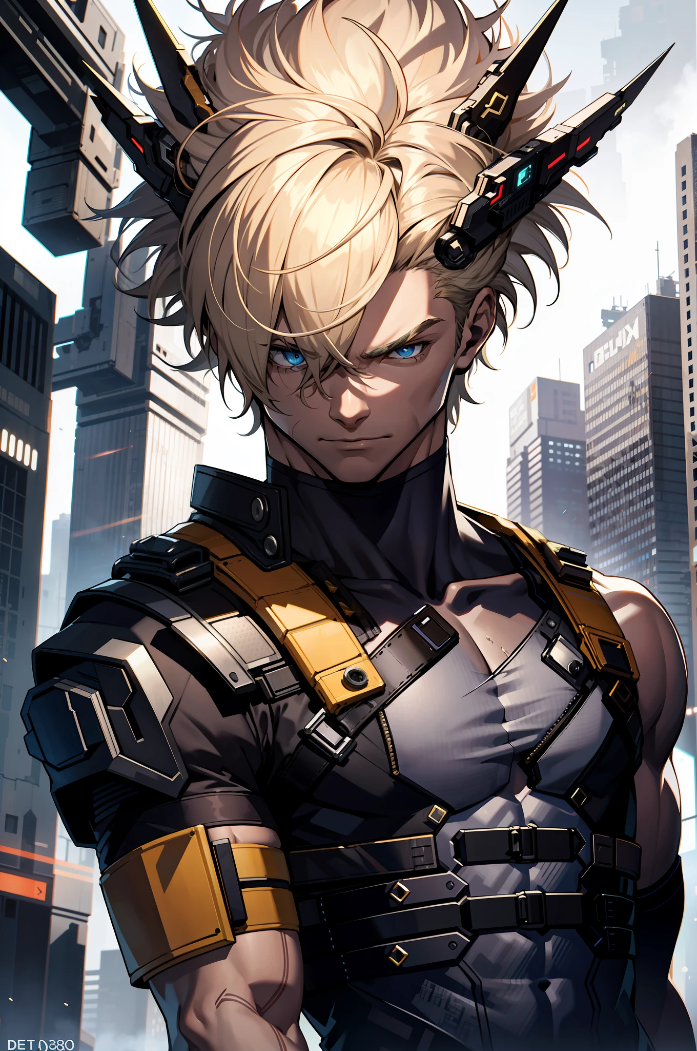 Cyberpunk male,coiffed blonde hair,Complicated details,Strong muscles exposed,Strong pectoralis major muscle exposed,Exposure of arm muscles,Skin light,Wear only a vest on the upper body,Exposing the deltoid muscle,Exposing the pectoral muscles,Expose arm muscles,Strong abs,Skin texture,(chest muscle) --v 6