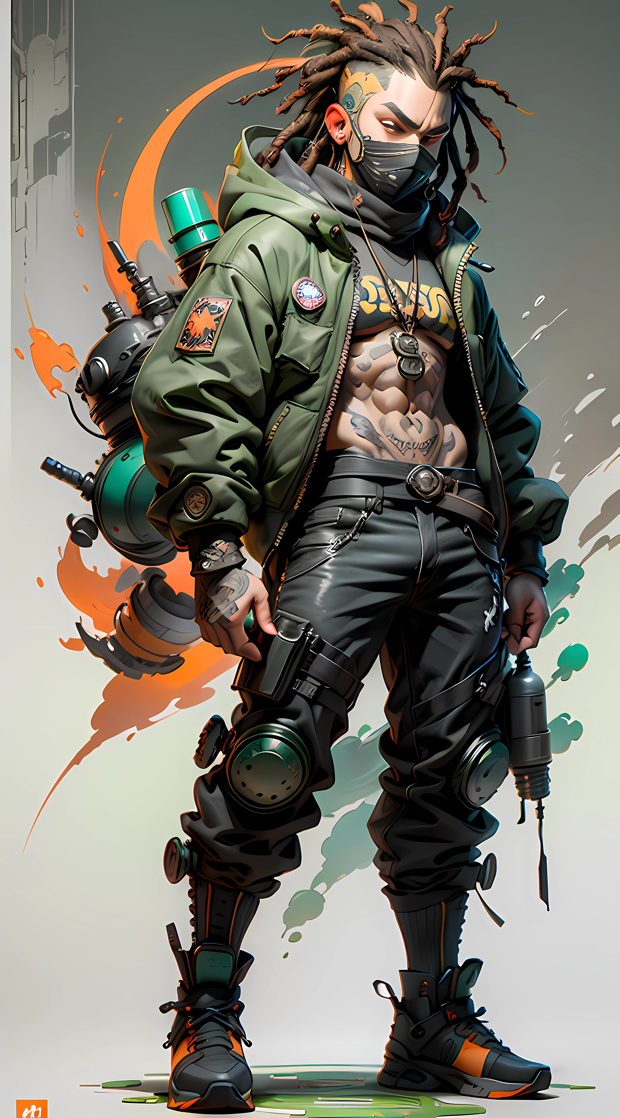 Full body, poison resistant mask, Biological weapons, warriors, green:1.5, orange:1.1, white:1.3, yellow:1.3, (rapper with dread hair),tattoos, (power puffer clothes:1.2),abstract lines and circles background