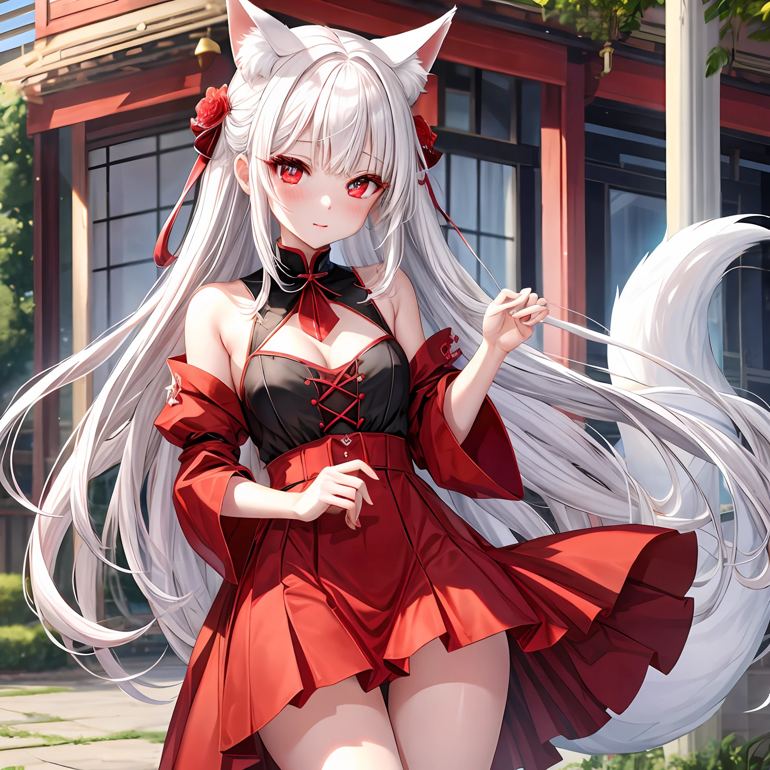 white hair、red eyes、One pretty girl、独奏、animesque、Bright red dress、red blush、Fox