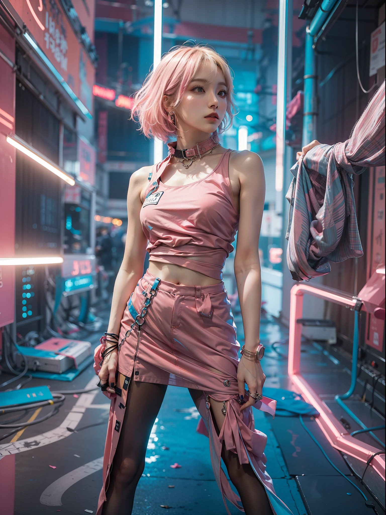 "a women in futuristic dresses striking dynamic poses for promotional photos,dynamic pose,tube crop top dress,medium-blond hair with the hair underneath is pink,futuristic background concept, capturing the essence of neon colors in a mesmerizing album cover-worthy shot,photorealistic"