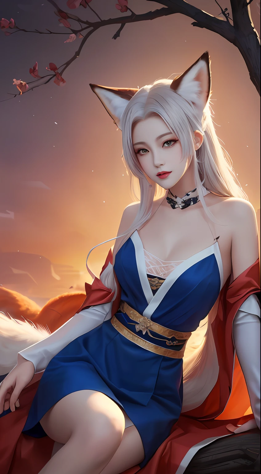 send，tmasterpiece，beautifuldetails，extremely colorful，Exquisite details，Delicate lips，The details are complex，Realiy，Ultra photo realsisim，A girl with a white-haired fox sitting on a branch：1.1，Large breasts，Raised sexy，seductiv，ethereal fox，nine tail fox，Fox three-tailed fox，Onmyoji detailed art，Nine Tails，a beautiful artwork illustration，mythological creatures，red fox，Beautiful digital artwork，Exquisite digital illustration，mizutsune , Inspired by the mythical creature wildnet，Digital art on Pixiv，strong lights，hight contrast，Horror movie theme，Dark atmosphere，Fighting posture