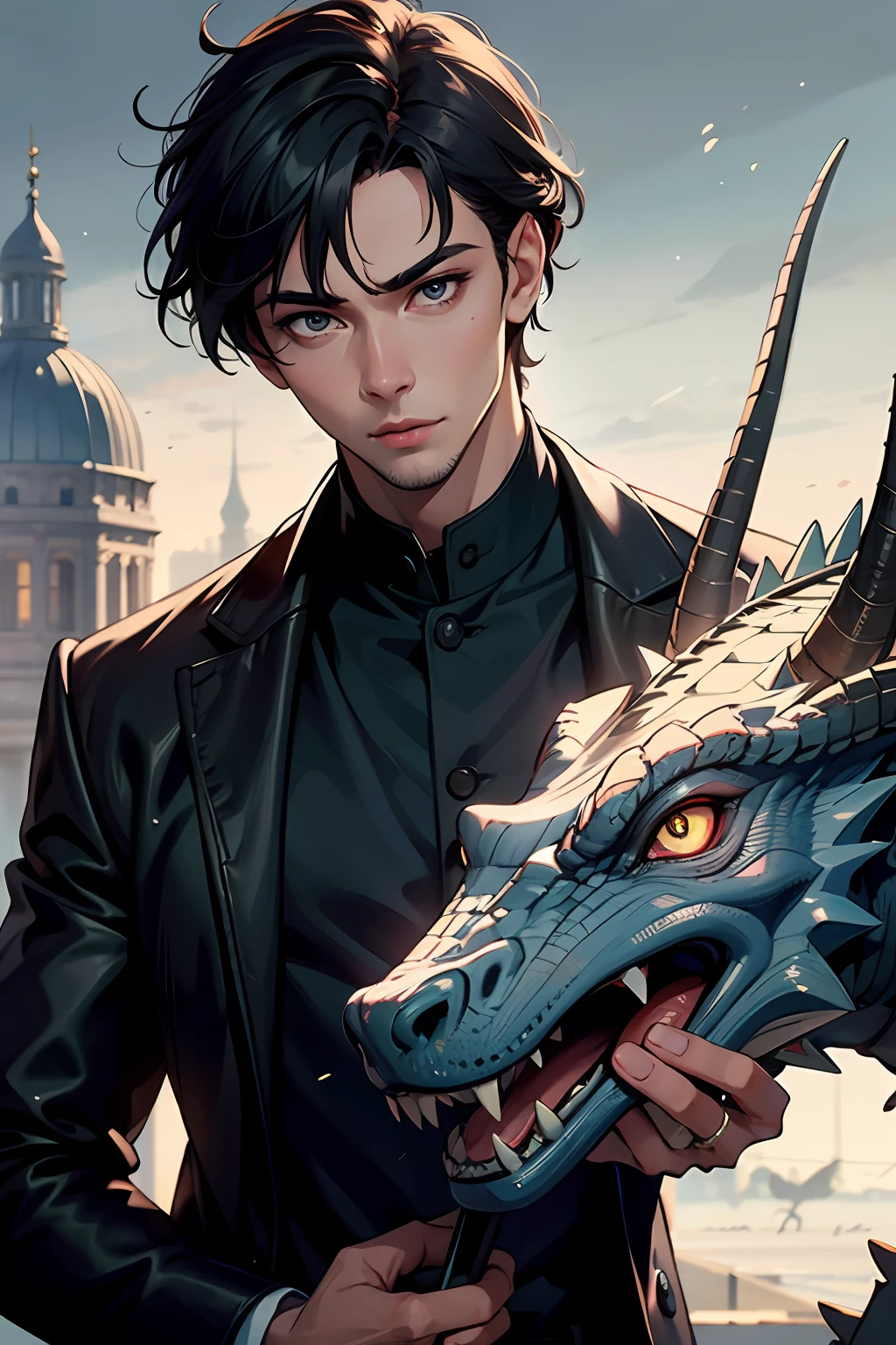 handsome young (man) plays with the ((dragon)), deep shadows, award-winning photography, complex, detailed, stunning, fine detail, man with high detail, sensual, evocative, extremely detailed eyes and face, piercing eyes, muscular body, ideal center, nikon d850 film, lens, portra 400 f1.6, rich colors, ultra-realistic texture, spectacular, bright, popular at art stations: cinc tungsten up to 800 ( facial transparency: 1.5), anatomical masterpiece