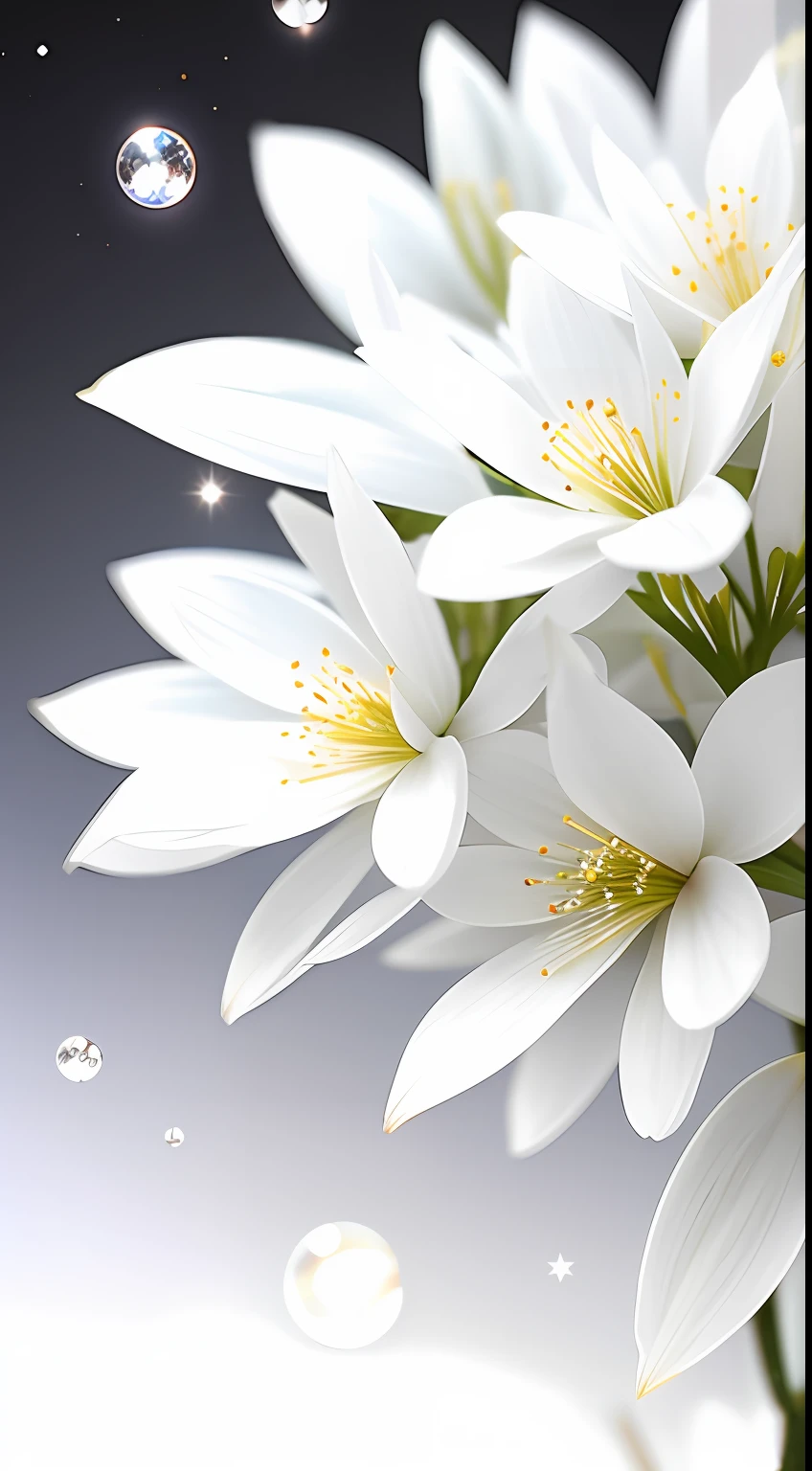 A bouquet of white plum blossoms, ultra-transparent, holy light, beautiful spectral light, dew on petals, twinkle, morning background, transparent droplets, reflected light, bright, light flowing inward, optical, portrait silhouette, sharp focus, magical, intricate, surrealism, fantasy, composition, light, art station trend, pearl, silver patronus cloud pair, caustic surround ray family 16k, ureal ar 23v4 uplight