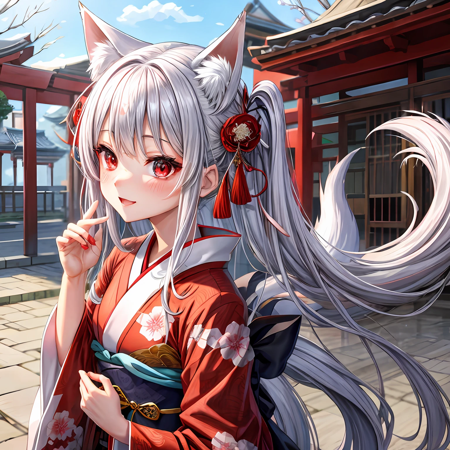 silber hair、red eyes、One pretty girl、独奏、animesque、Kimono、red blush、Fox